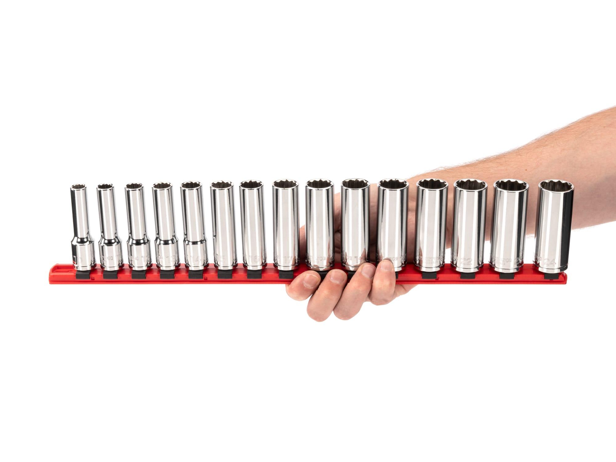 Person holding Tekton rail hand drive 12-point socket set. Item #SHD92108