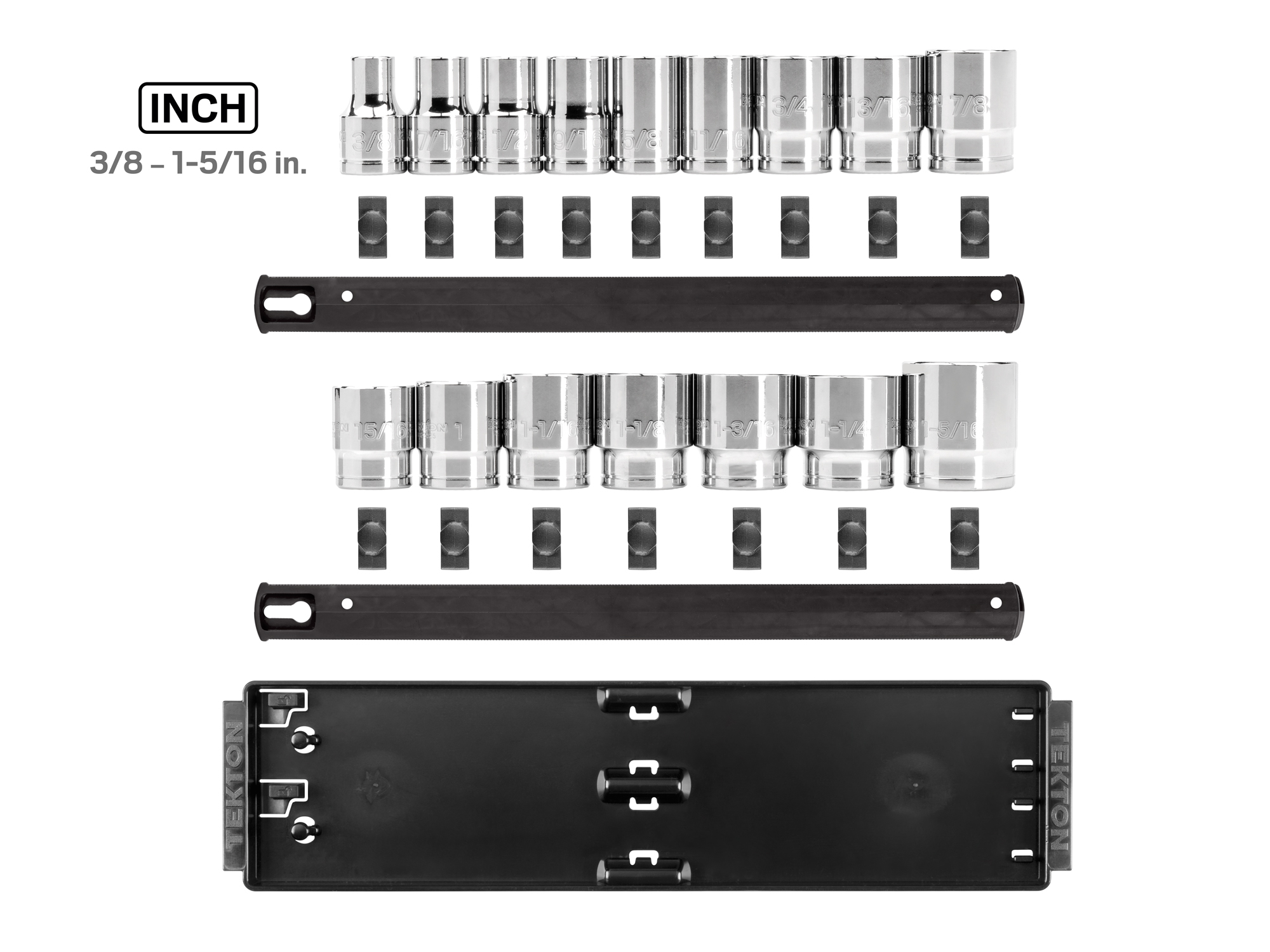 Set includes 3/8–1-5/16 inch (SAE) 12-point standard length sockets. Comes with organization rails and tray. No skipped sizes. SHD92118.