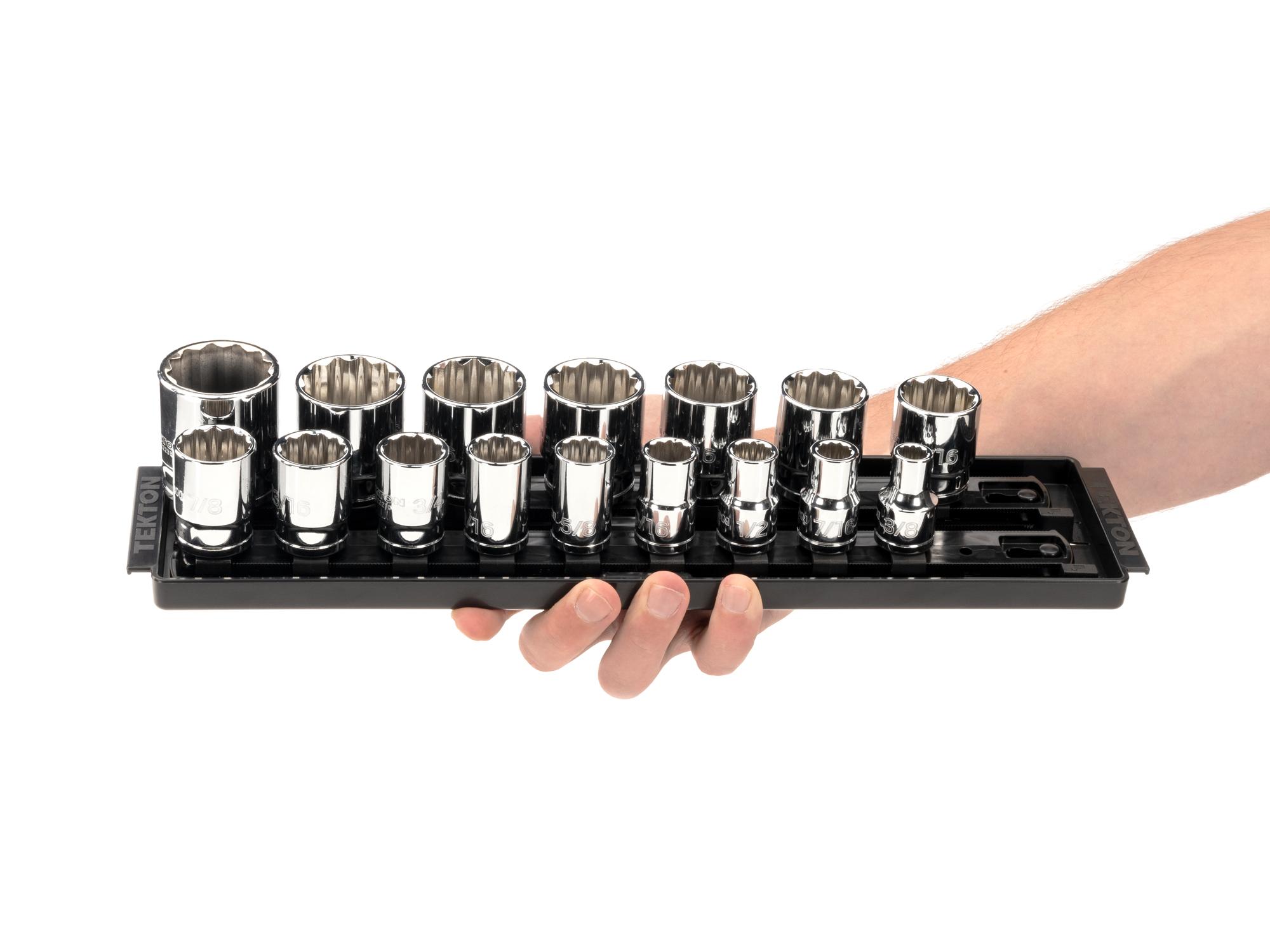 Person holding Tekton rail hand drive 12-point socket set. Item #SHD92118