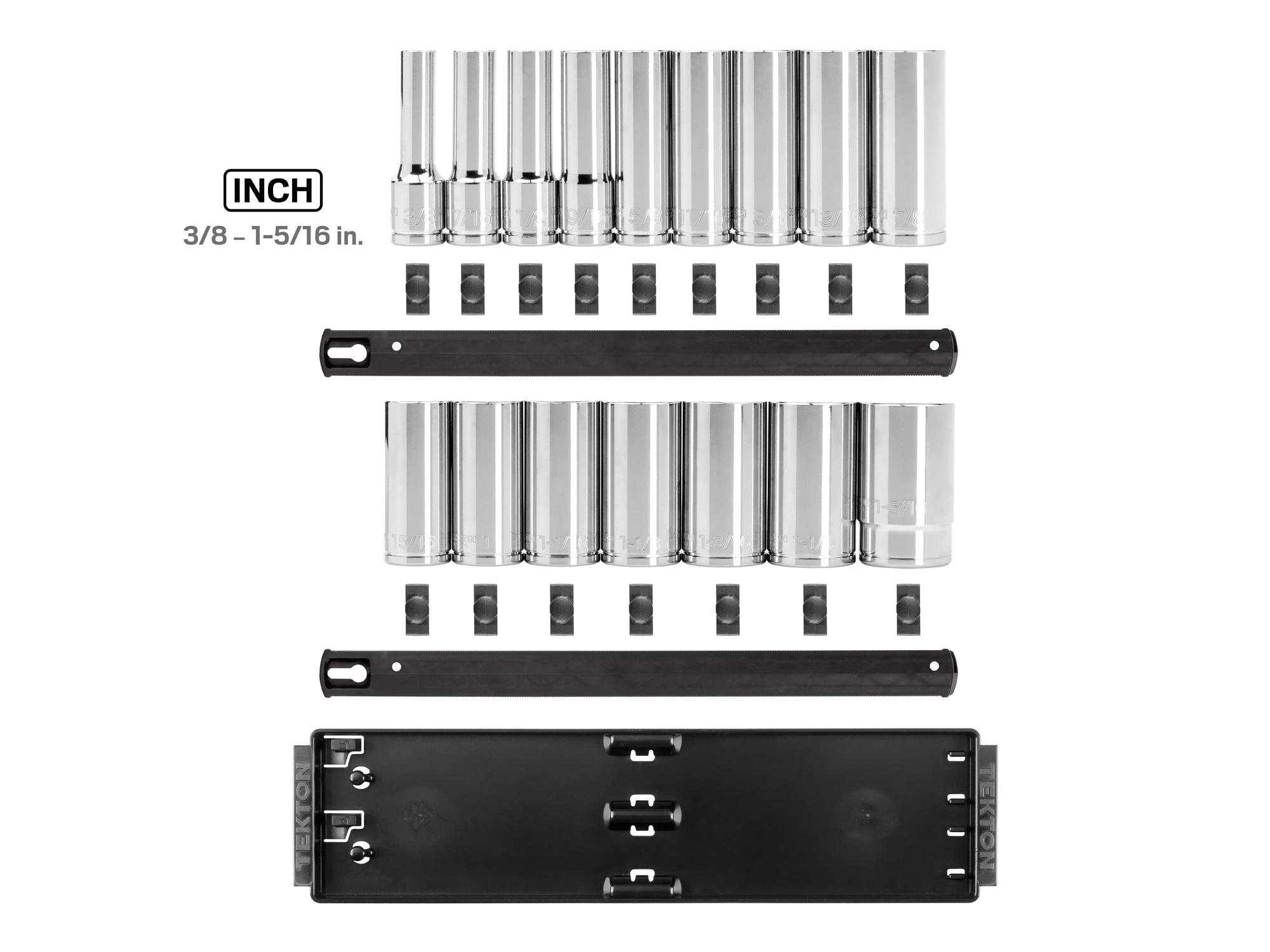 Laid out contents of Tekton rail hand drive 12-point socket set. Item #SHD92119