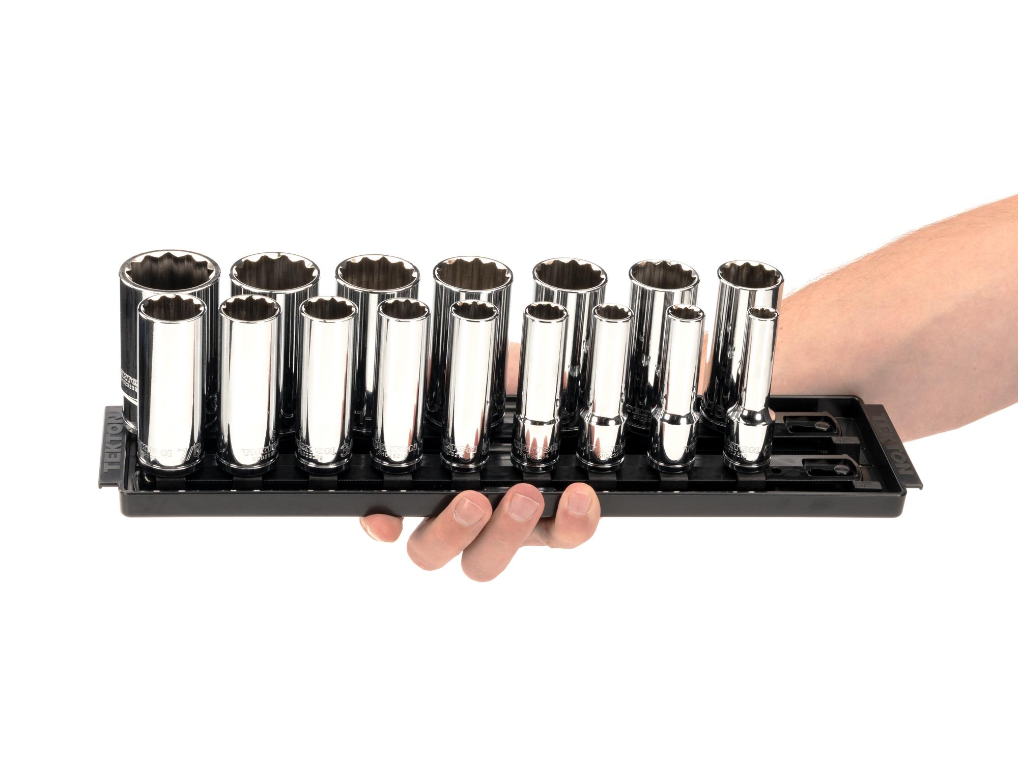 Person holding Tekton rail hand drive 12-point socket set. Item #SHD92119