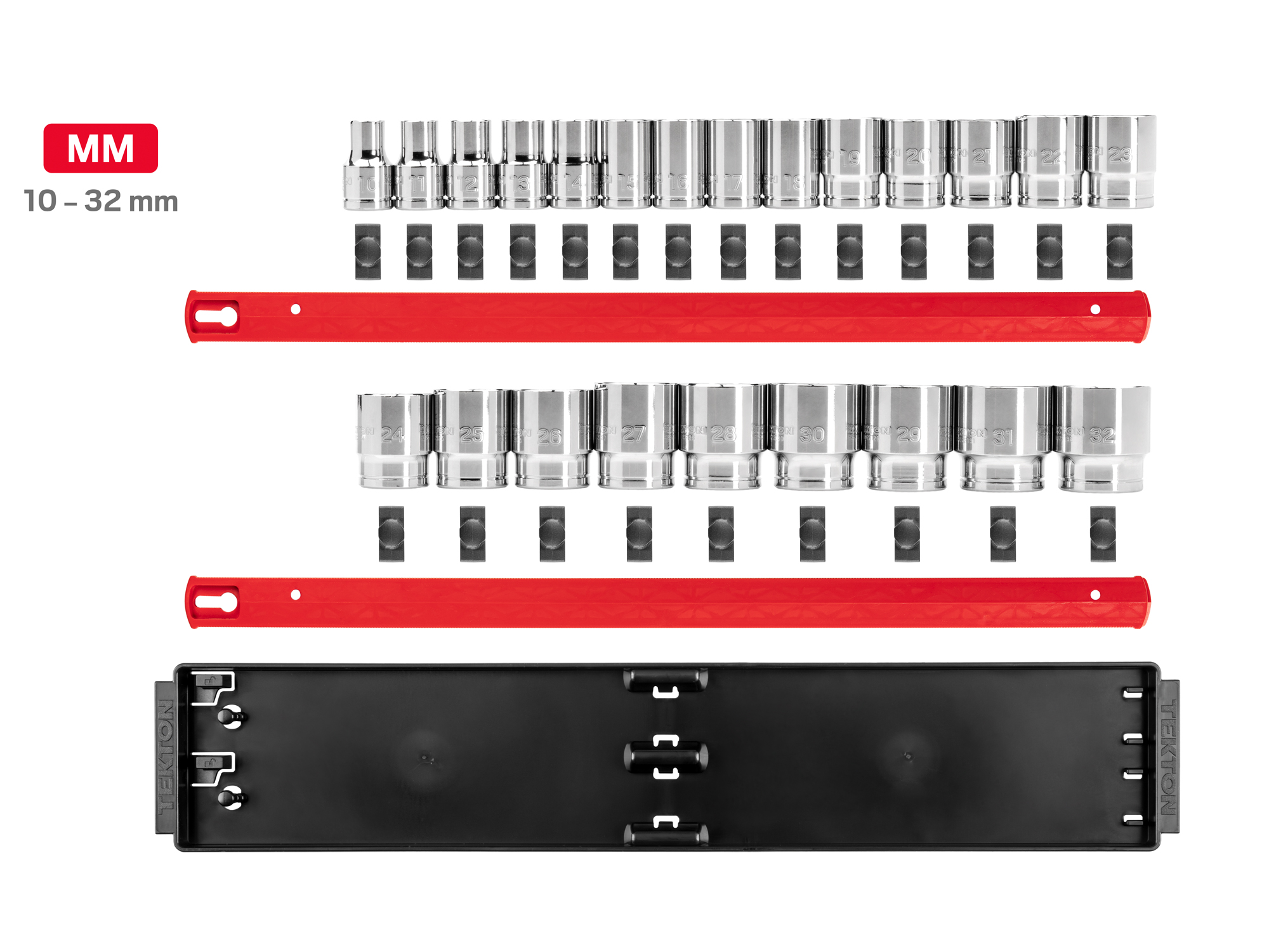 Set includes 10-32 mm (metric) 12-point standard length sockets. Comes with organization rails and tray. No skipped sizes. SHD92120.