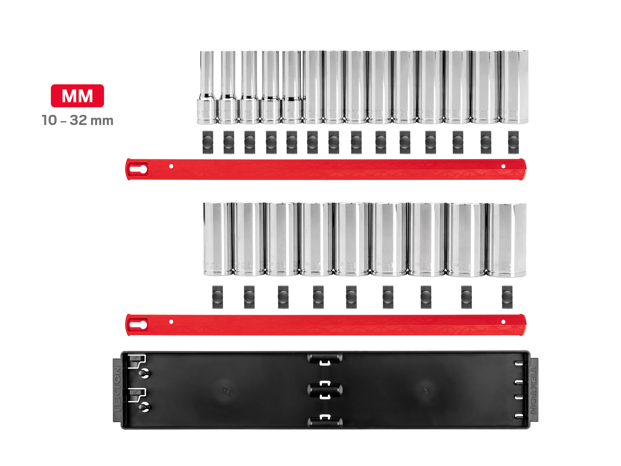 Set includes 10–32 mm (metric) 12-point deep length sockets. Comes with organization rails and tray. No skipped sizes. SHD92121.