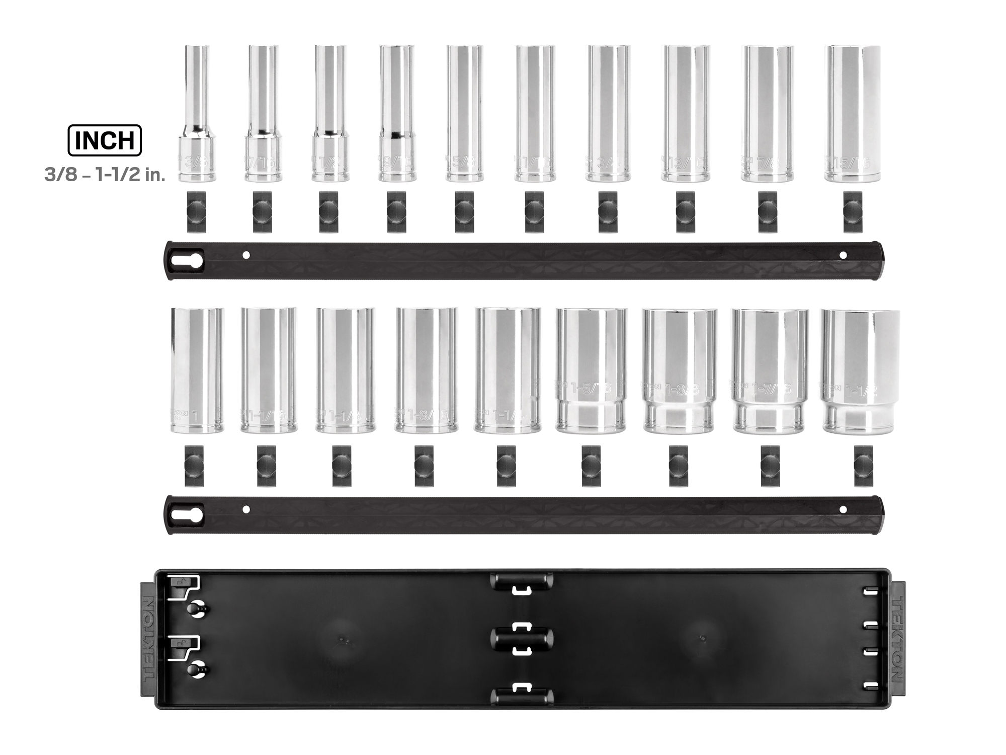 Set includes 3/8–1-1/2 inch (SAE) 12-point deep length sockets. Comes with organization rails and tray. No skipped sizes. SHD92127.