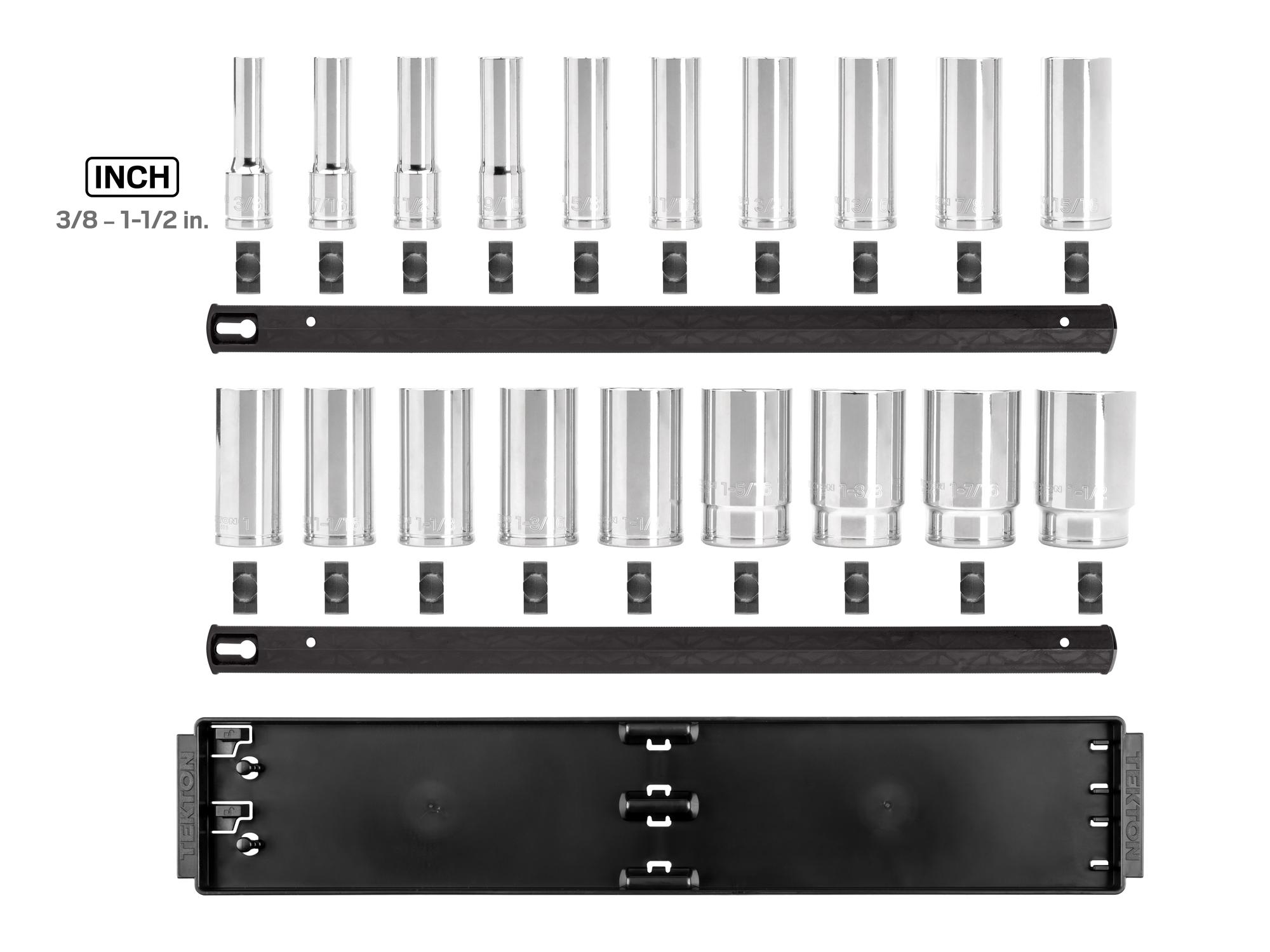 Laid out contents of Tekton rail hand drive 12-point socket set. Item #SHD92127