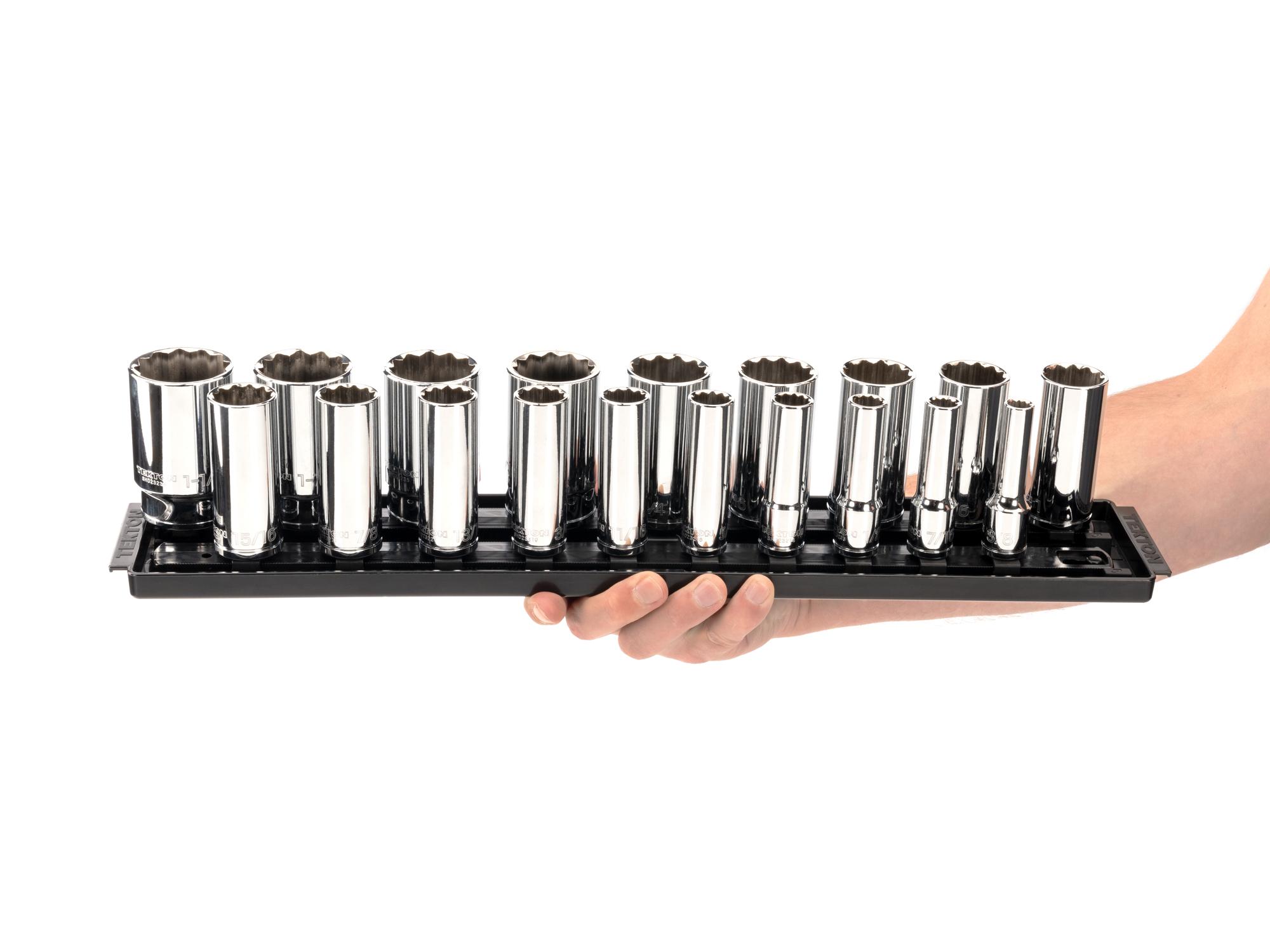 Person holding Tekton rail hand drive 12-point socket set. Item #SHD92127