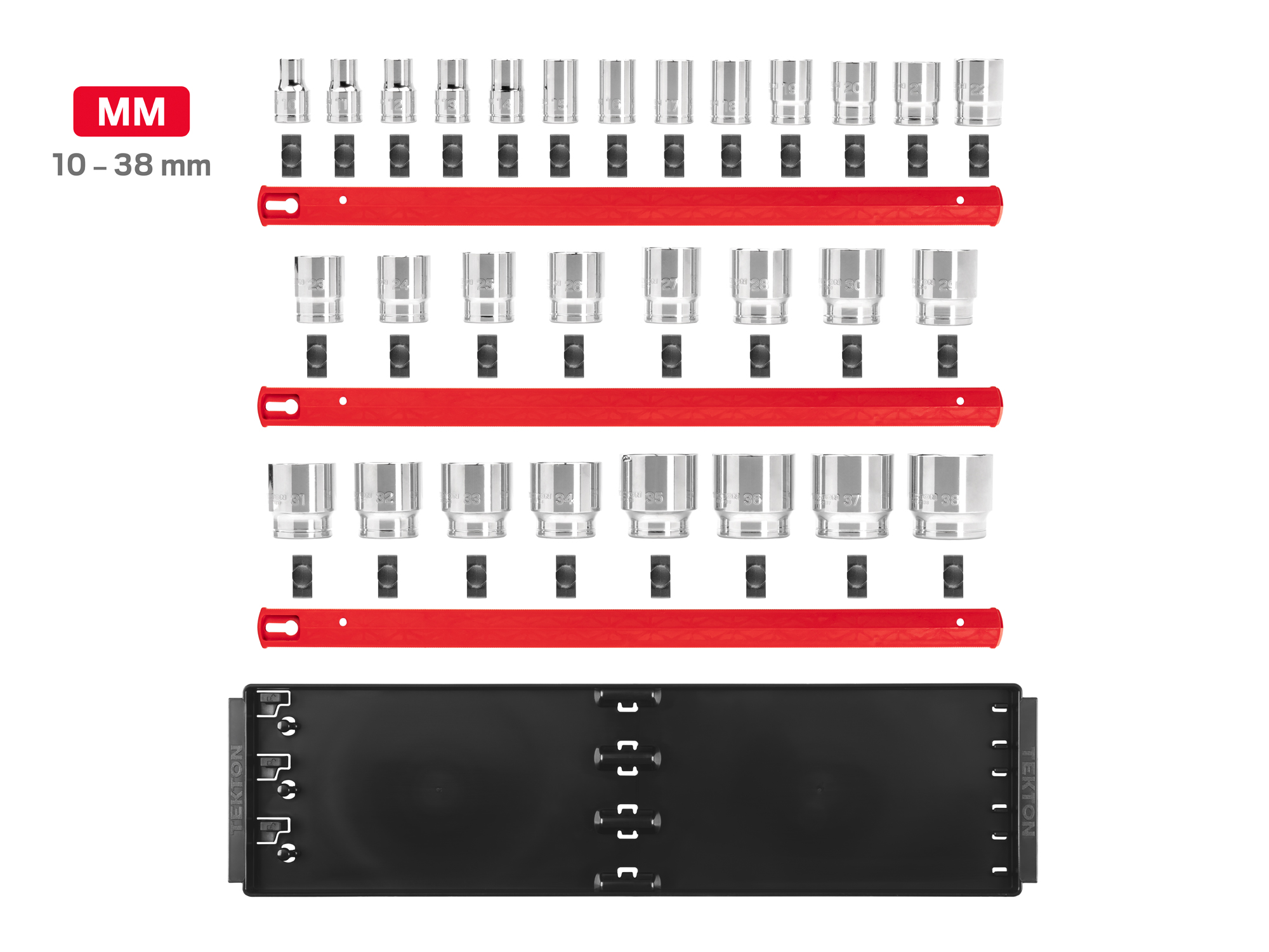 Set includes 10–38 mm (metric) 12-point standard length sockets. Comes with organization rails and tray. No skipped sizes. SHD92128.