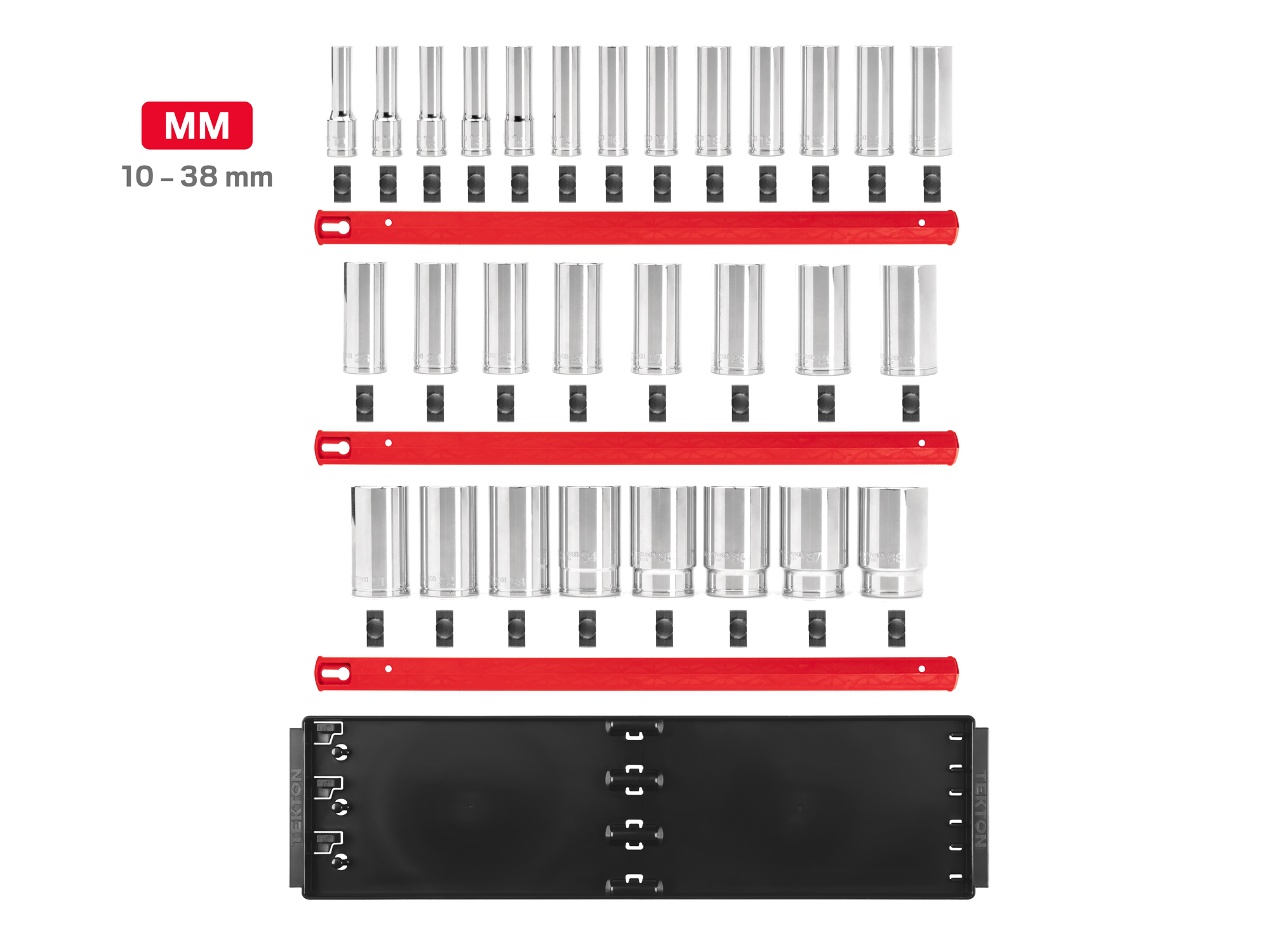 Set includes 10–38 mm (metric) 12-point deep length sockets. Comes with organization rails and tray. No skipped sizes. SHD92129.