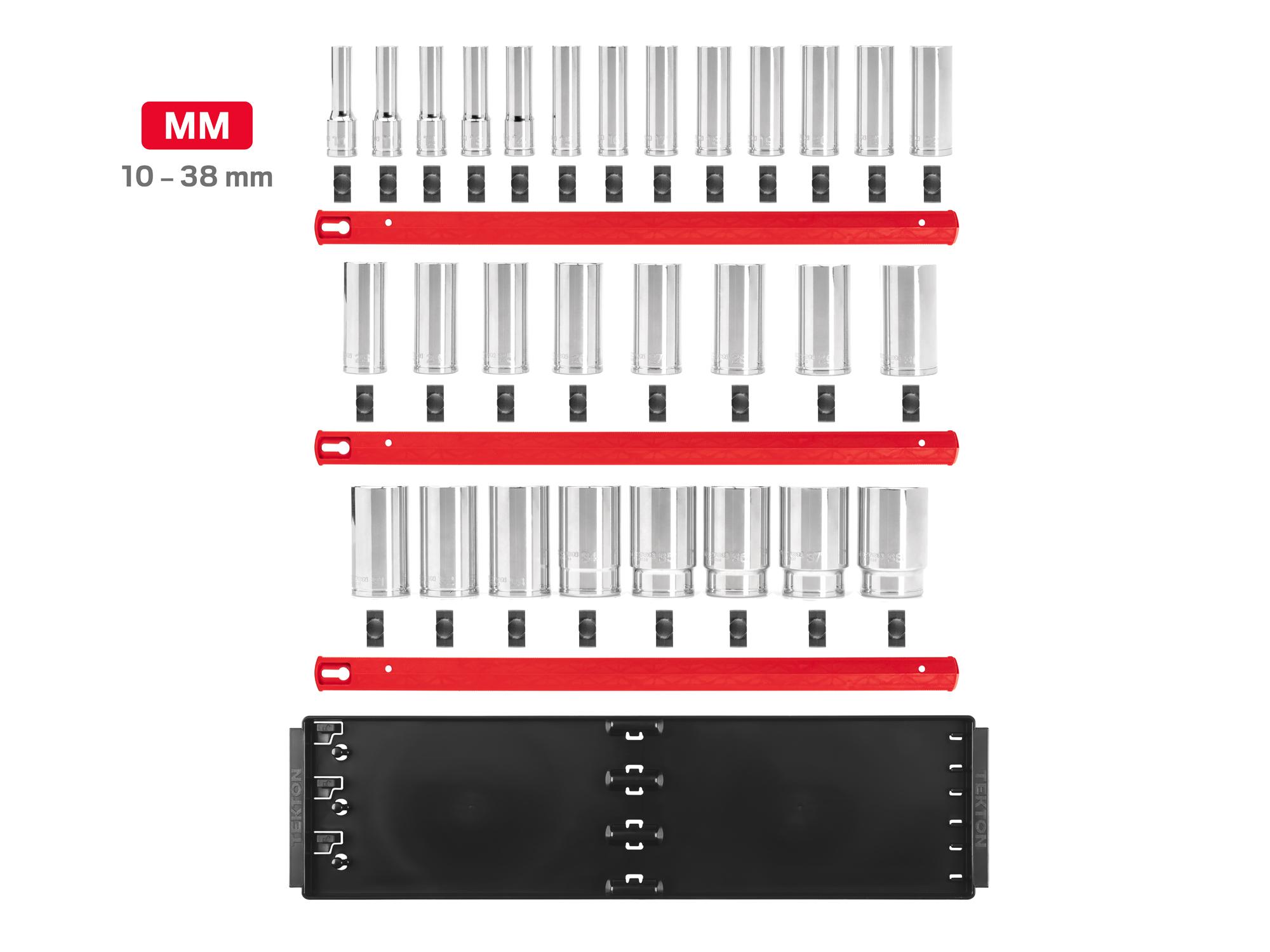 Laid out contents of Tekton rail hand drive 12-point socket set. Item #SHD92129