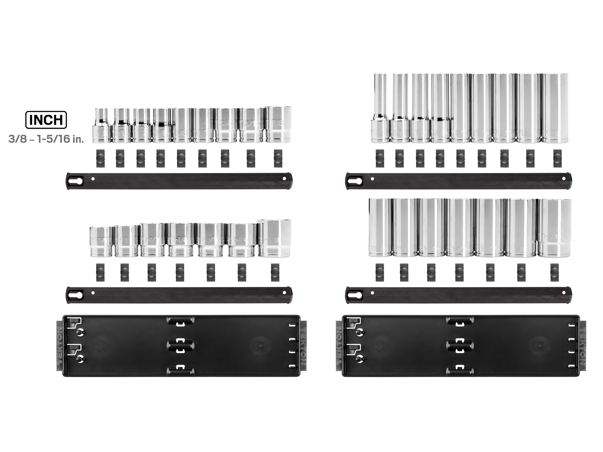 Set includes 3/8–1-5/16 inch (SAE) 12-point standard and deep length sockets. Comes with organization rails and trays. No skipped sizes. SHD92206.