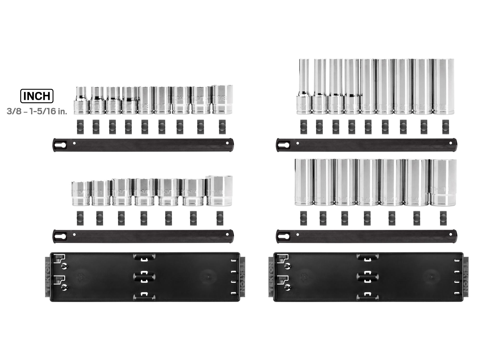 Laid out contents of Tekton rail hand drive 12-point socket set. Item #SHD92206