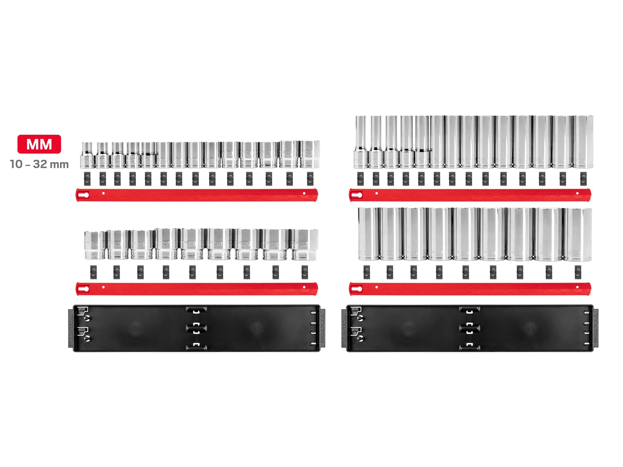 Laid out contents of Tekton rail hand drive 12-point socket set. Item #SHD92208