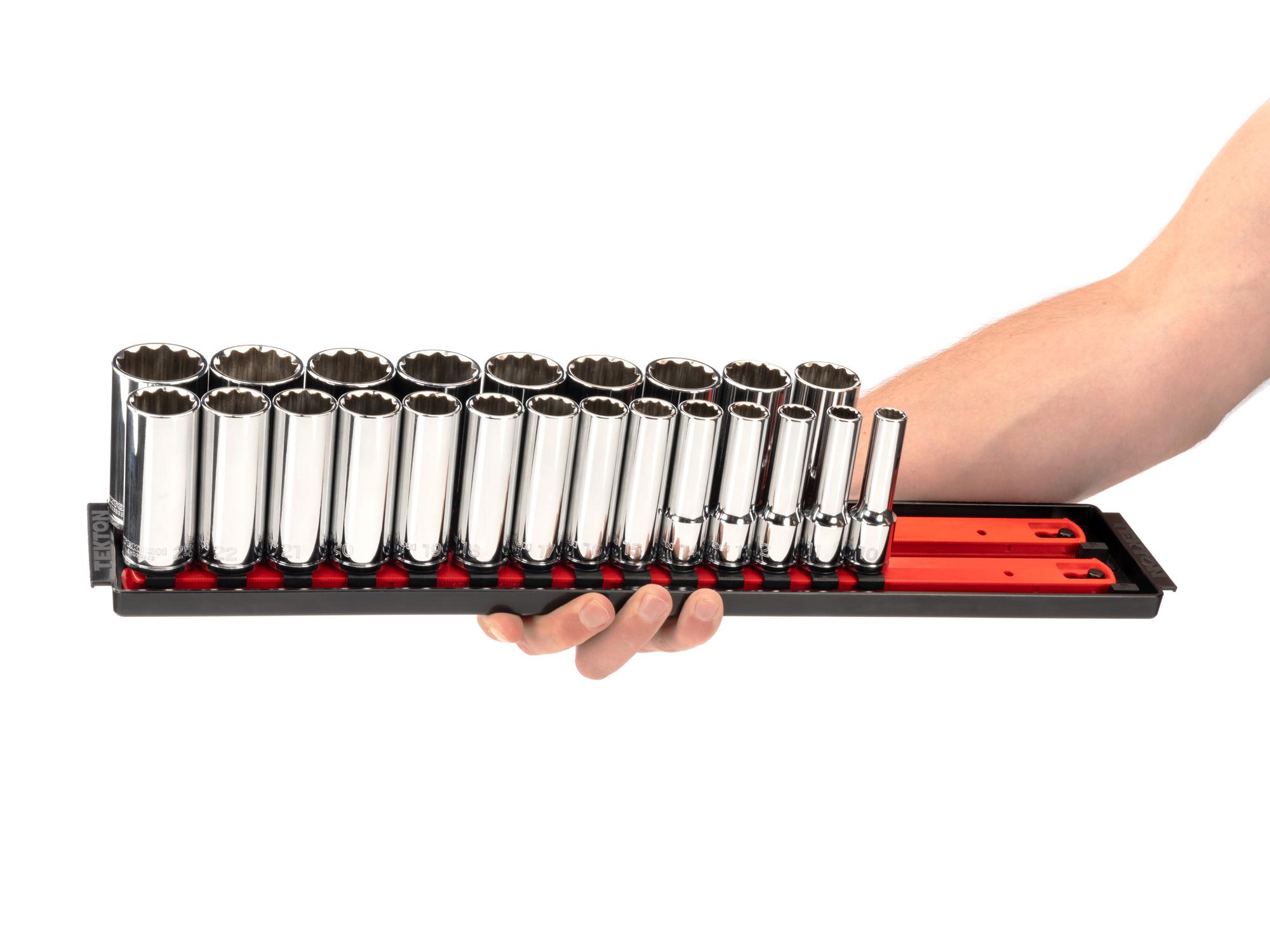 Person holding Tekton rail hand drive 12-point socket set. Item #SHD92208