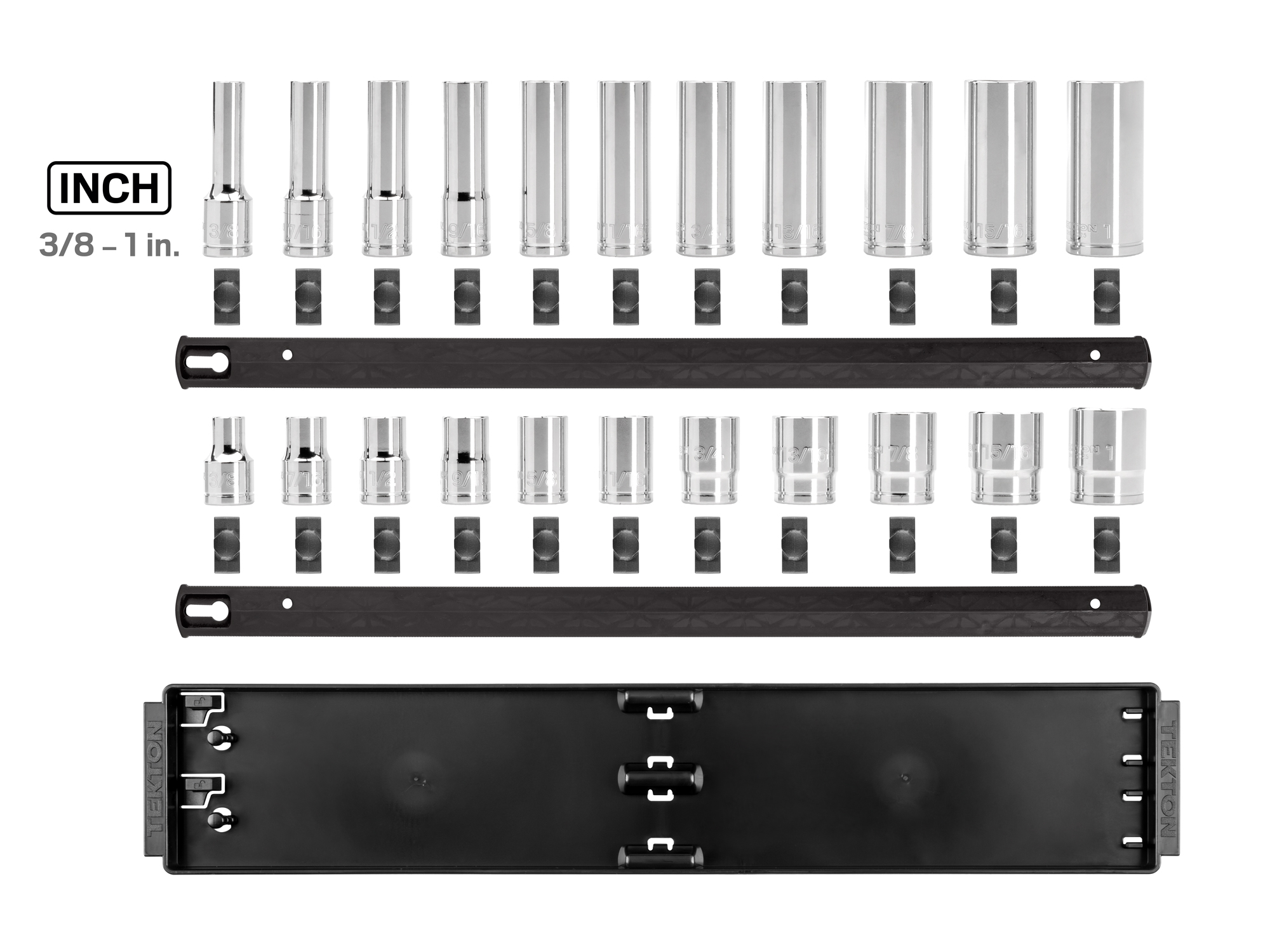 Set includes 3/8–1 inch (SAE) 12-point standard and deep length sockets. Comes with organization rails and tray. No skipped sizes. SHD92210.