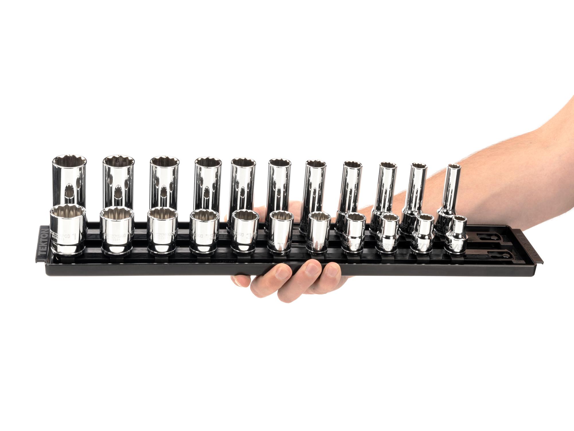 Person holding Tekton rail hand drive 12-point socket set. Item #SHD92210