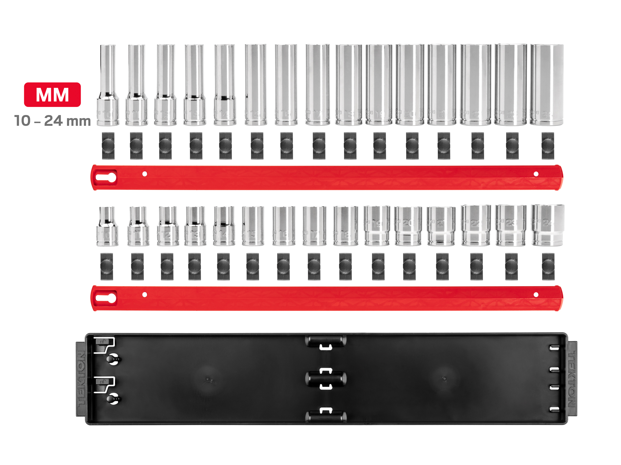 Set includes 10-24 mm (metric) 12-point standard and deep length sockets. Comes with organization rails and tray. No skipped sizes. SHD92212.