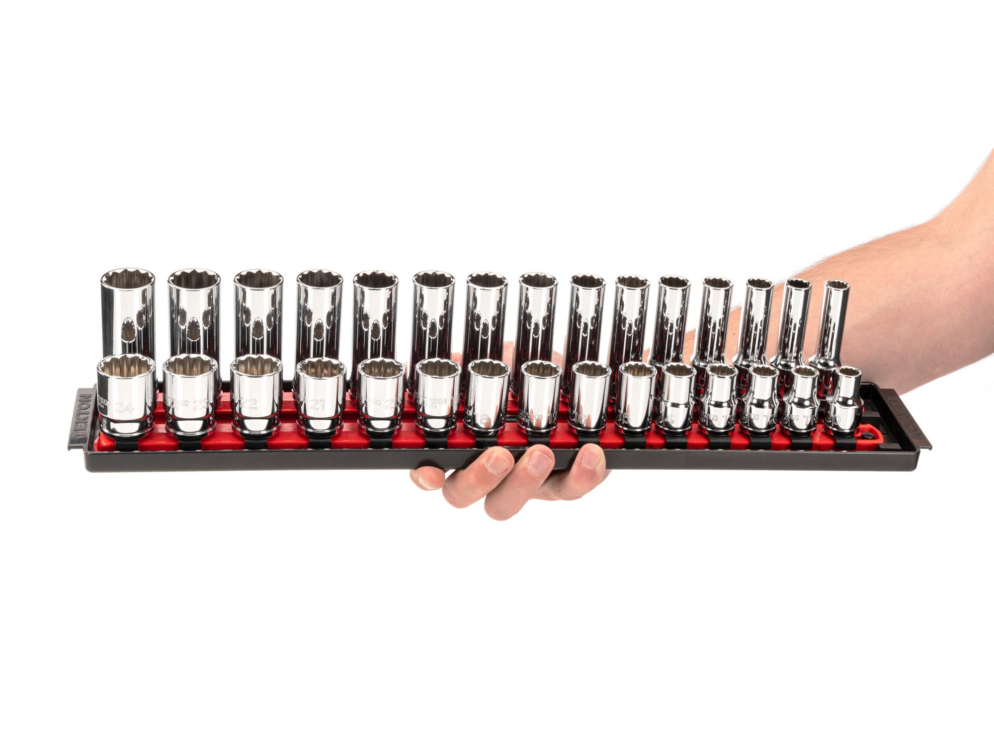 Person holding Tekton rail hand drive 12-point socket set. Item #SHD92212