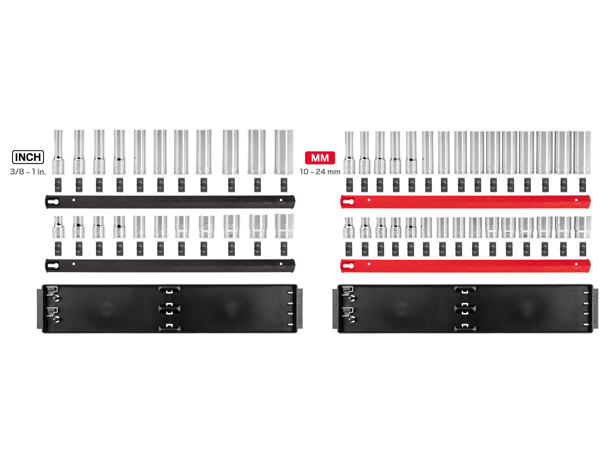 Set includes 3/8–1 inch (SAE), 10–24 mm (metric) 12-point standard and deep length sockets. Comes with organization rails and trays. No skipped sizes. SHD92216.