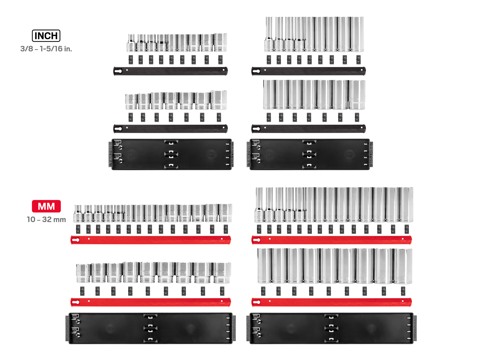 Set includes 3/8–1-5/16 inch (SAE), 10–32 mm (metric) 12-point standard and deep length sockets. Comes with organization rails and trays. No skipped sizes. SHD92214.