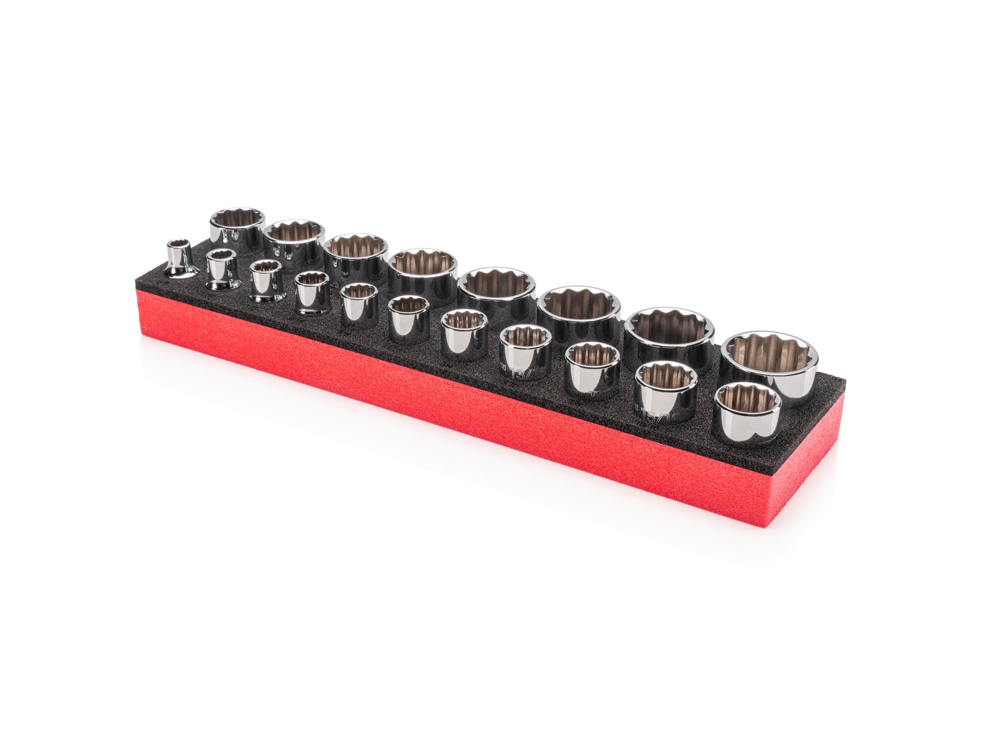 Front-right angle view of Tekton foam hand drive 12-point socket set. Item #SHD92804
