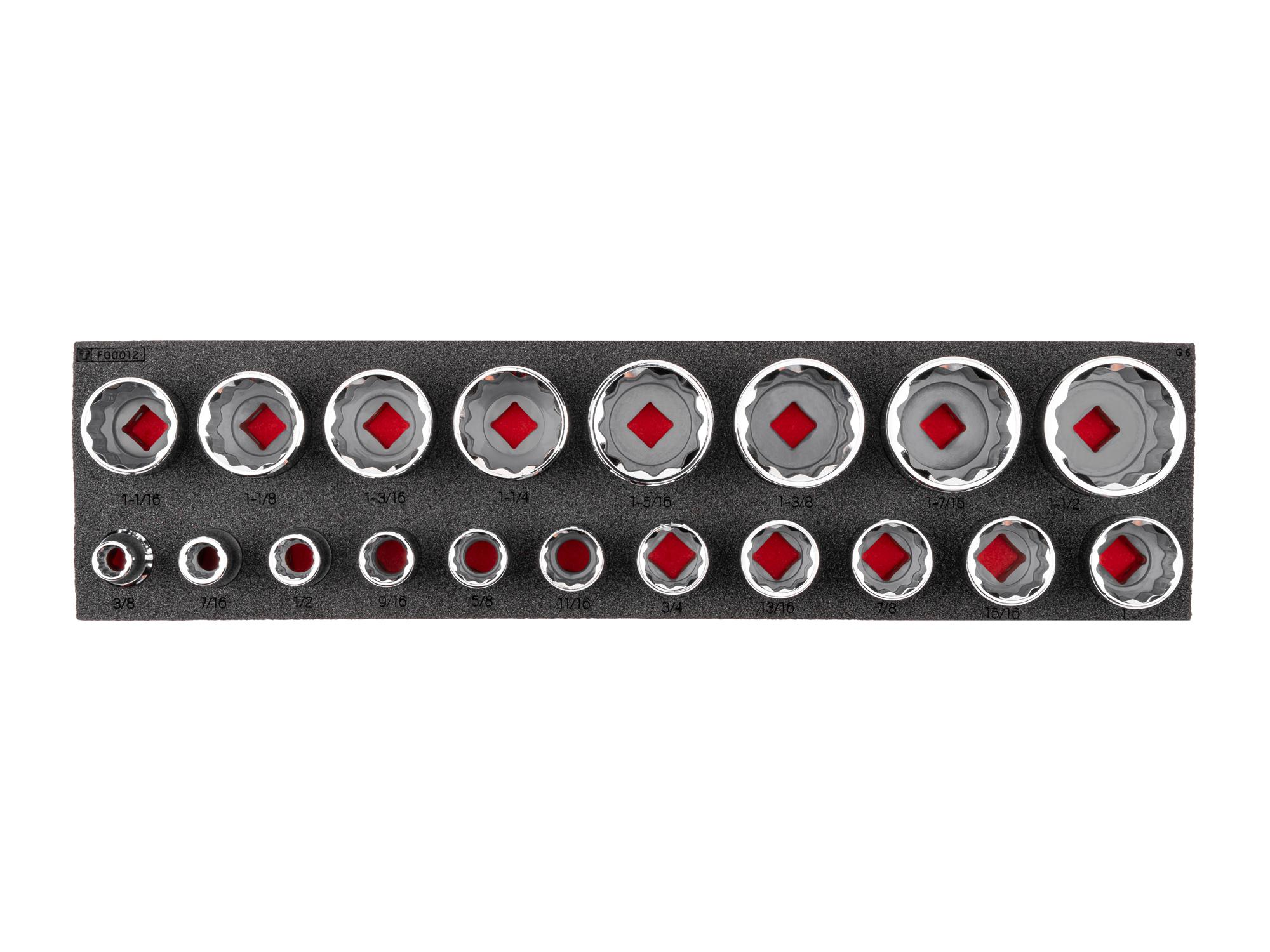 TEKTON 1/2 Inch Drive Shallow 12-Point Socket Set with 16 x 4 Inch Foam Organizer, 19-Piece (3/8 - 1-1/2 in.)