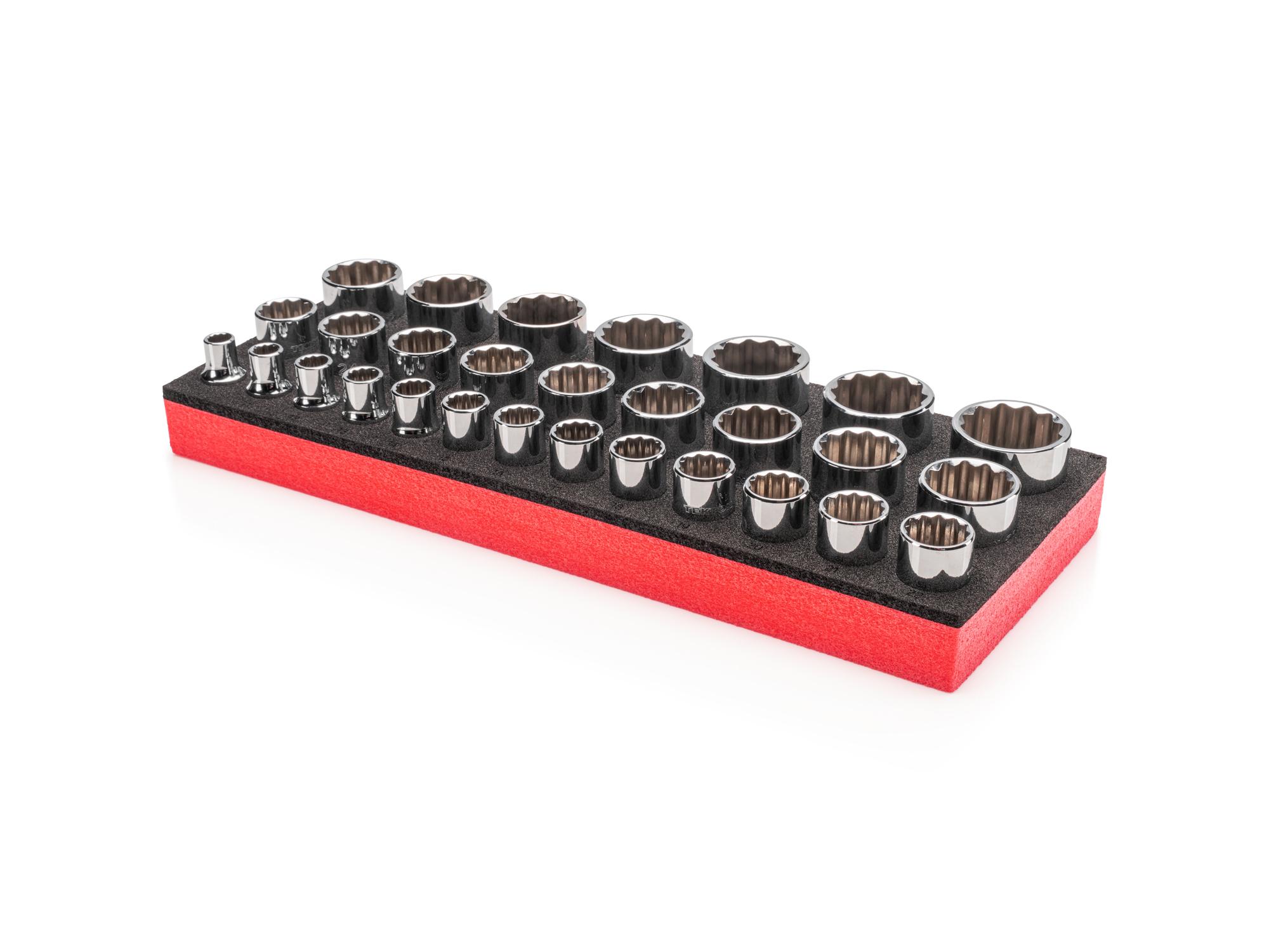 Front-right angle view of Tekton foam hand drive 12-point socket set. Item #SHD92805