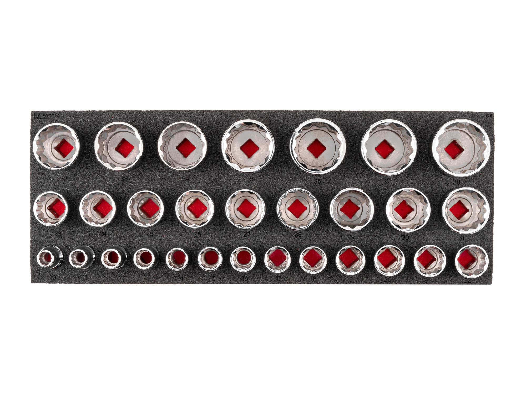 TEKTON 1/2 Inch Drive Shallow 12-Point Socket Set with 16 x 6 Inch Foam Organizer, 29-Piece (10 - 38 mm)