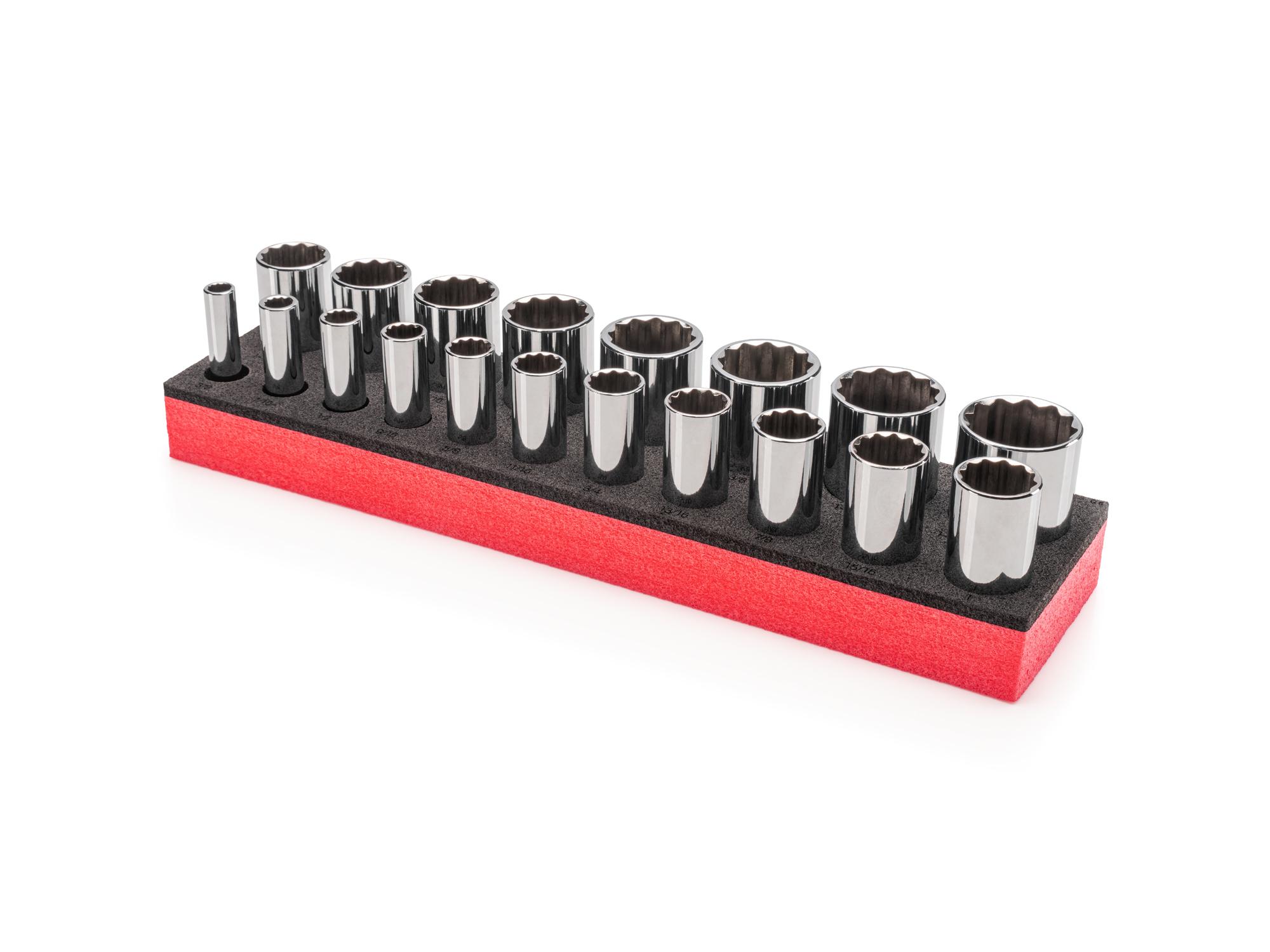 Front-right angle view of Tekton foam hand drive 12-point socket set. Item #SHD92806