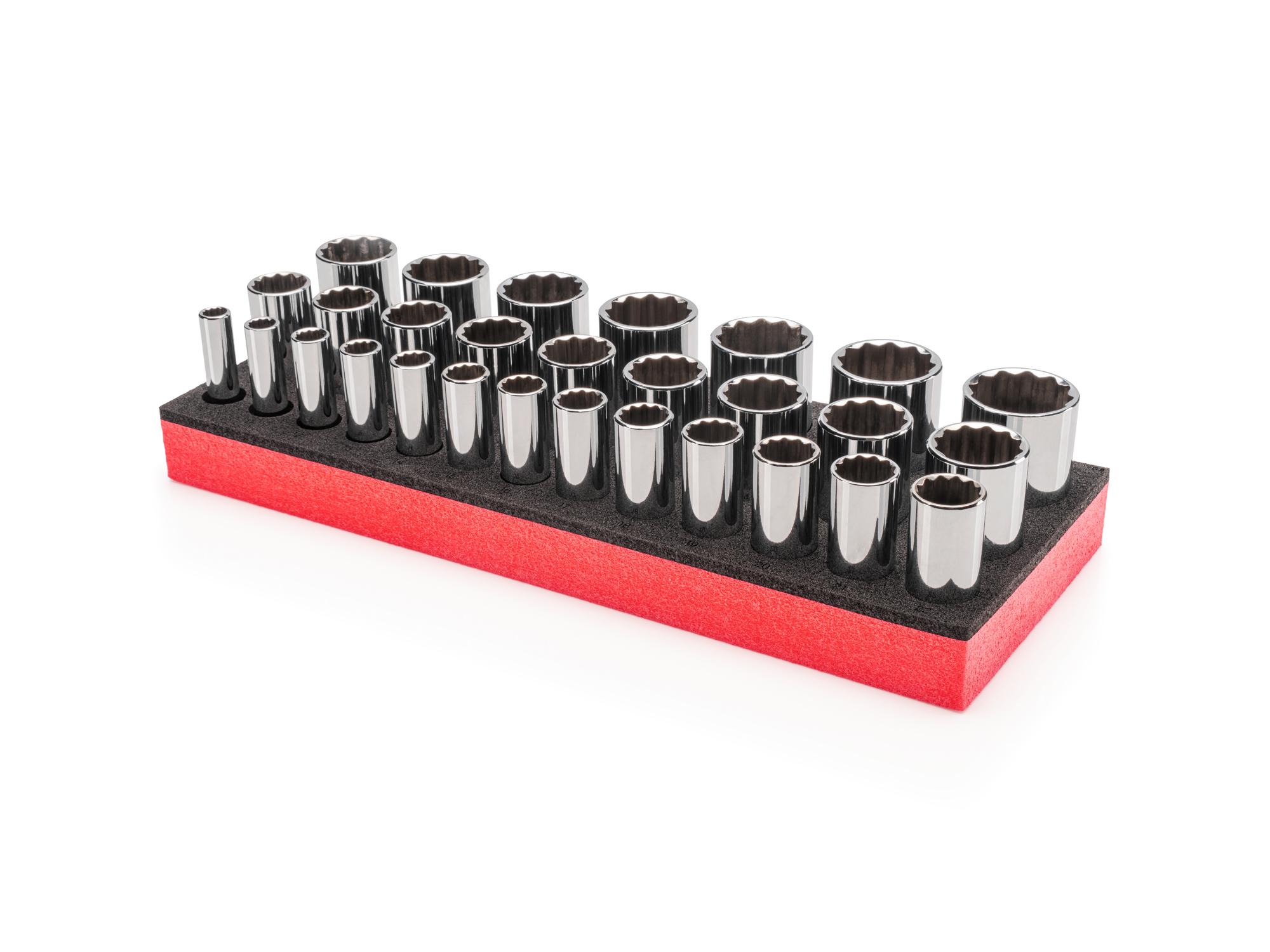 Front-right angle view of Tekton foam hand drive 12-point socket set. Item #SHD92807