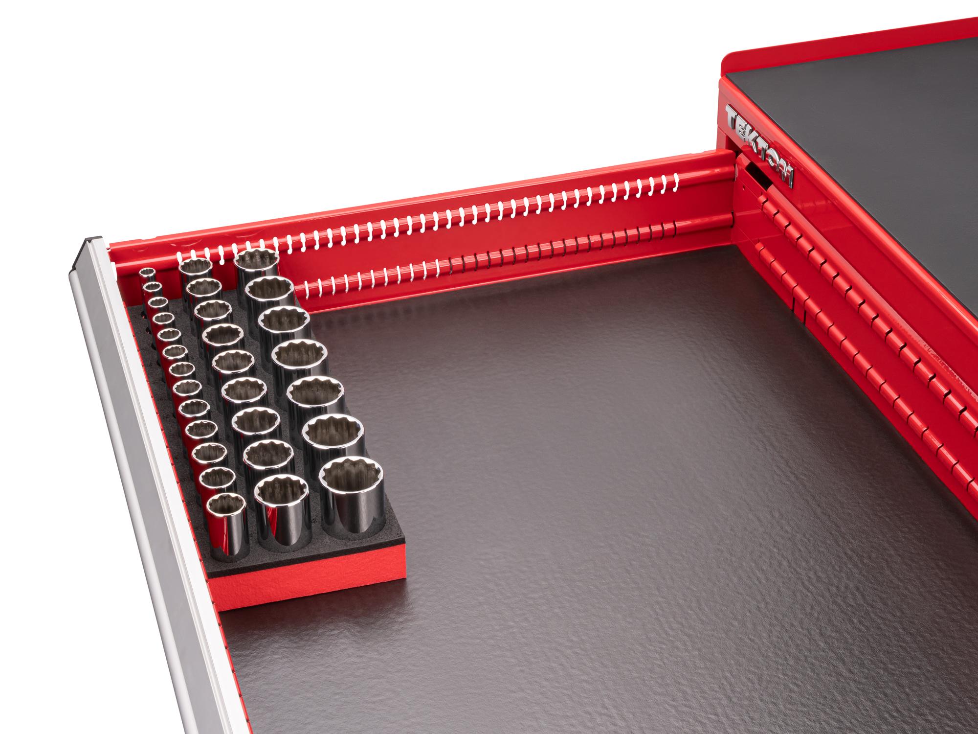 Front angled view of Tekton foam hand drive 12-point socket set in a tool cabinet drawer. Item #SHD92807