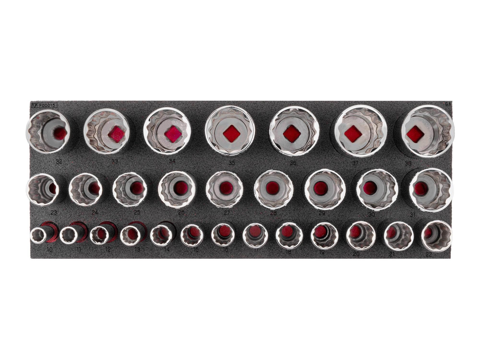 TEKTON 1/2 Inch Drive Deep 12-Point Socket Set with 16 x 6 Inch Foam Organizer, 29-Piece (10 - 38 mm)