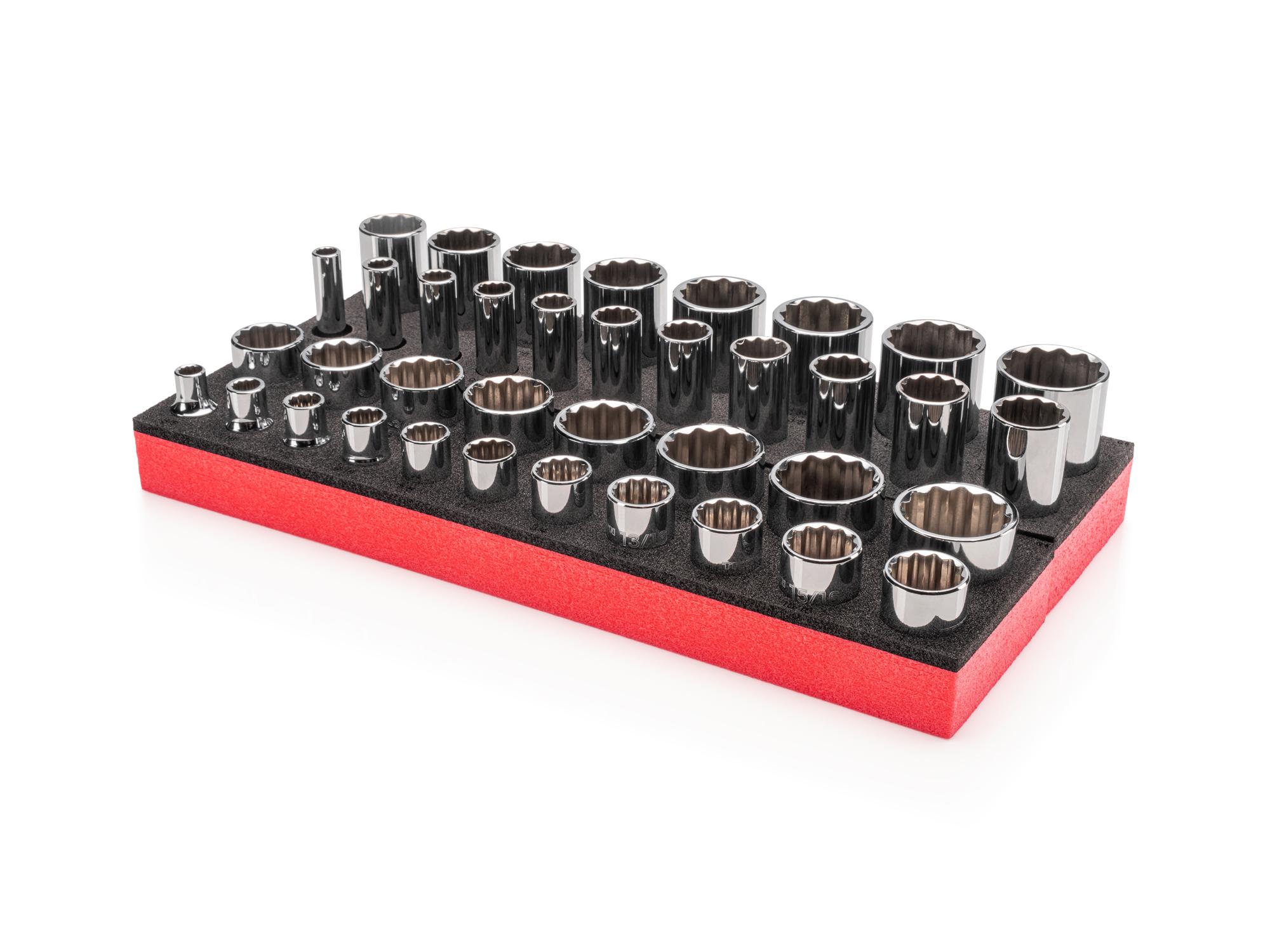 Front-right angle view of Tekton foam hand drive 12-point socket set. Item #SHD92810