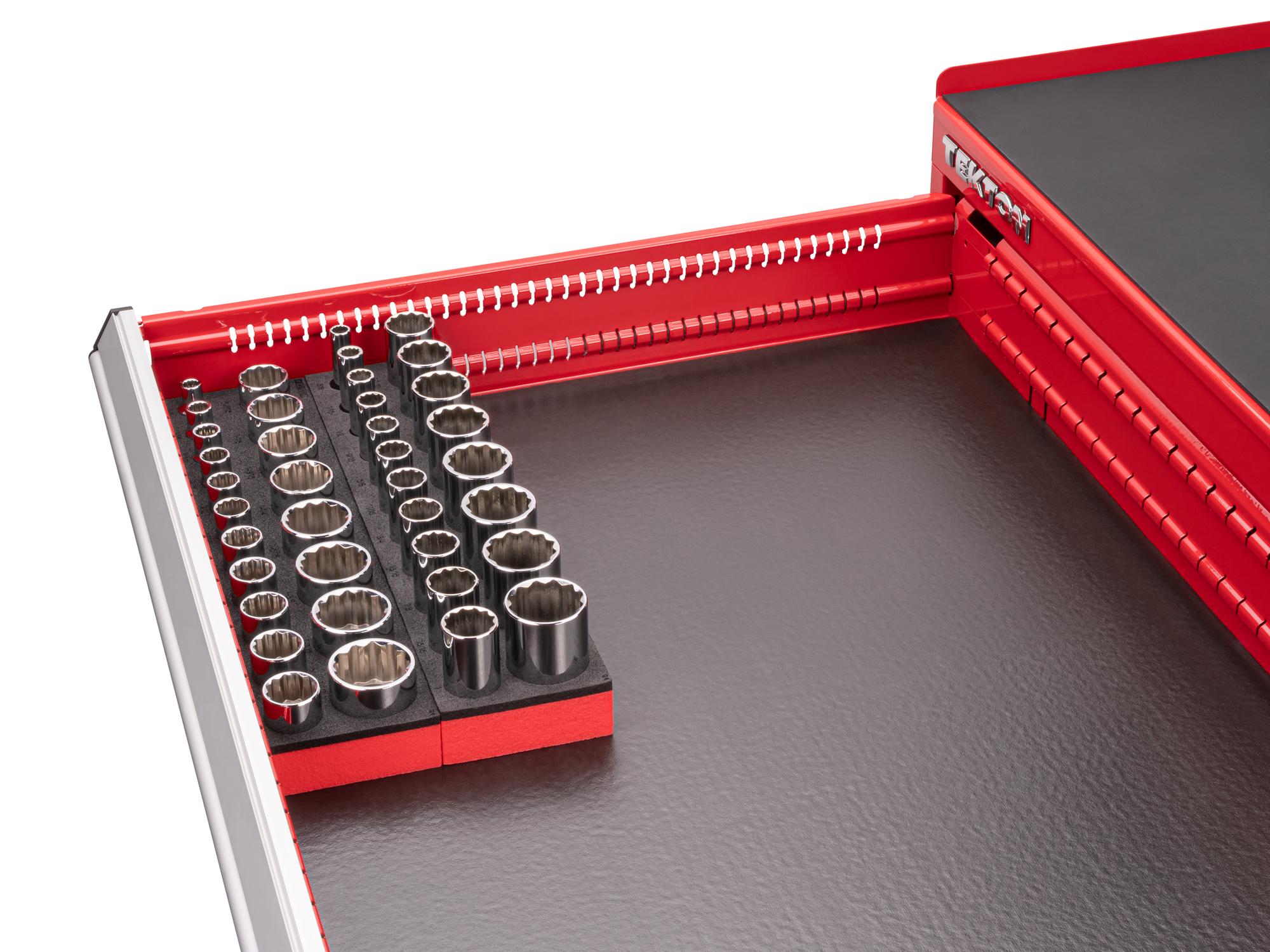 Front angled view of Tekton foam hand drive 12-point socket set in a tool cabinet drawer. Item #SHD92810