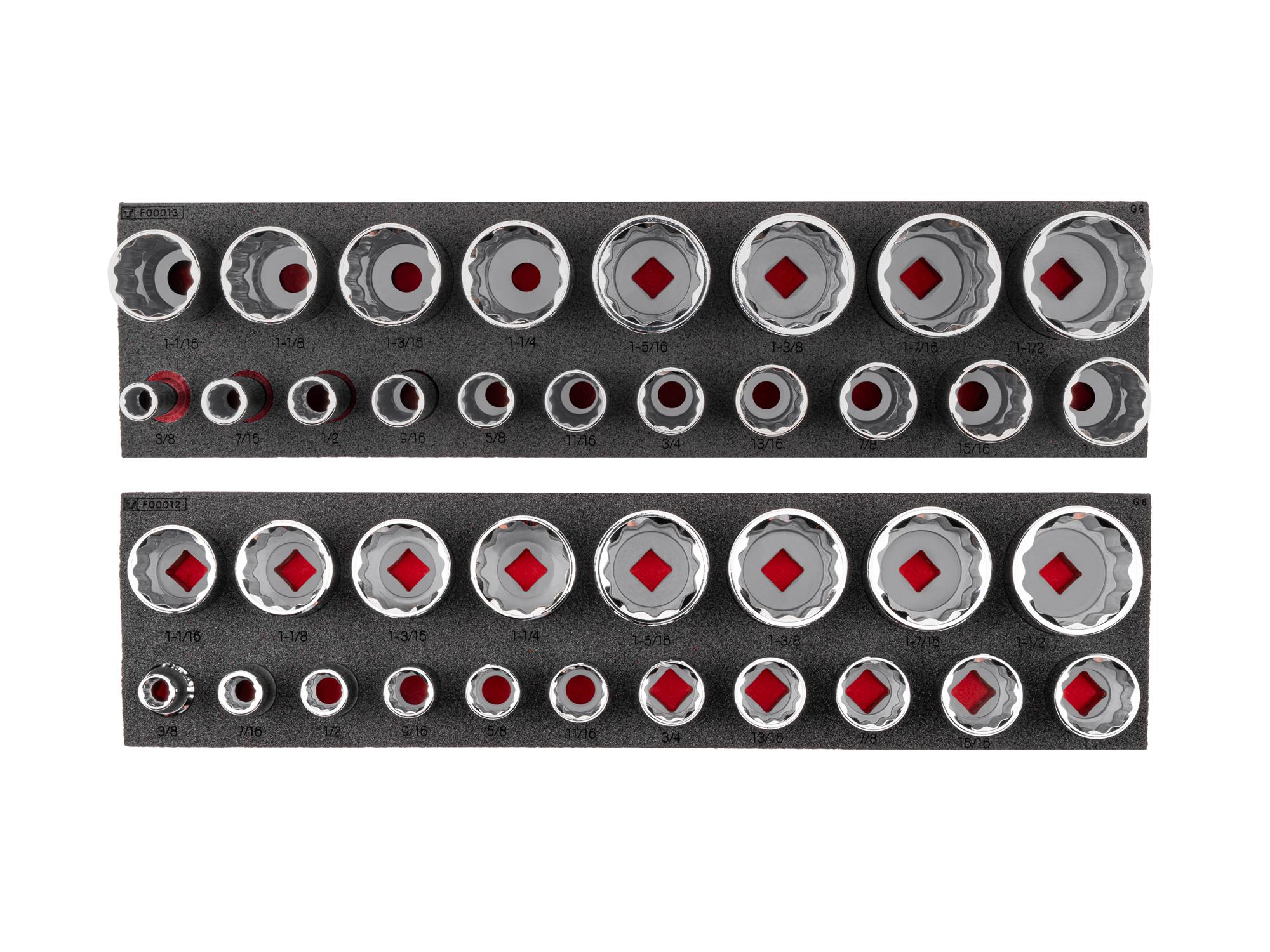 TEKTON 1/2 Inch Drive Shallow and Deep 12-Point Socket Set with 16 x 4 Inch Foam Organizers, 38-Piece (3/8 - 1-1/2 in.)