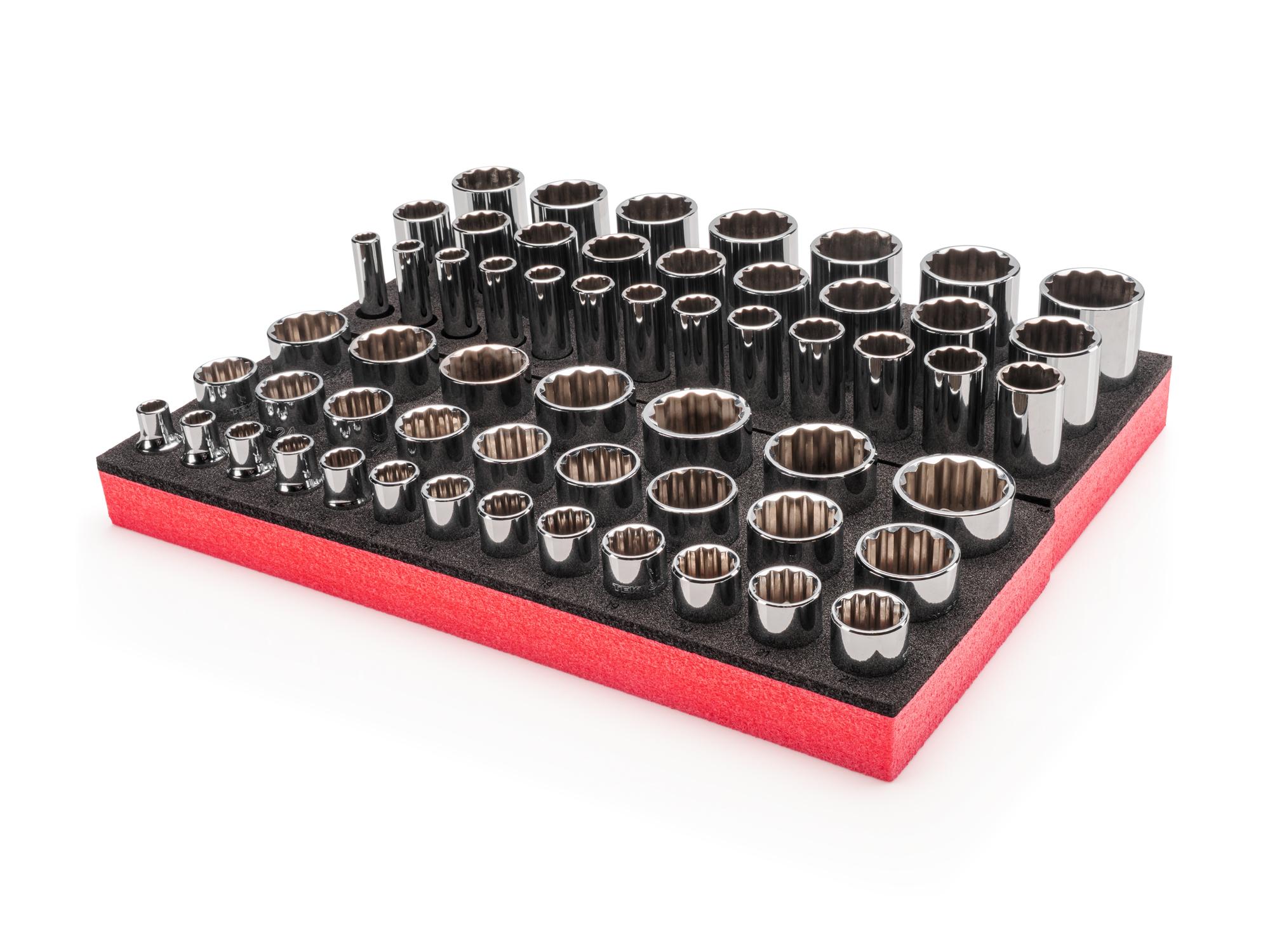 Front-right angle view of Tekton foam hand drive 12-point socket set. Item #SHD92811