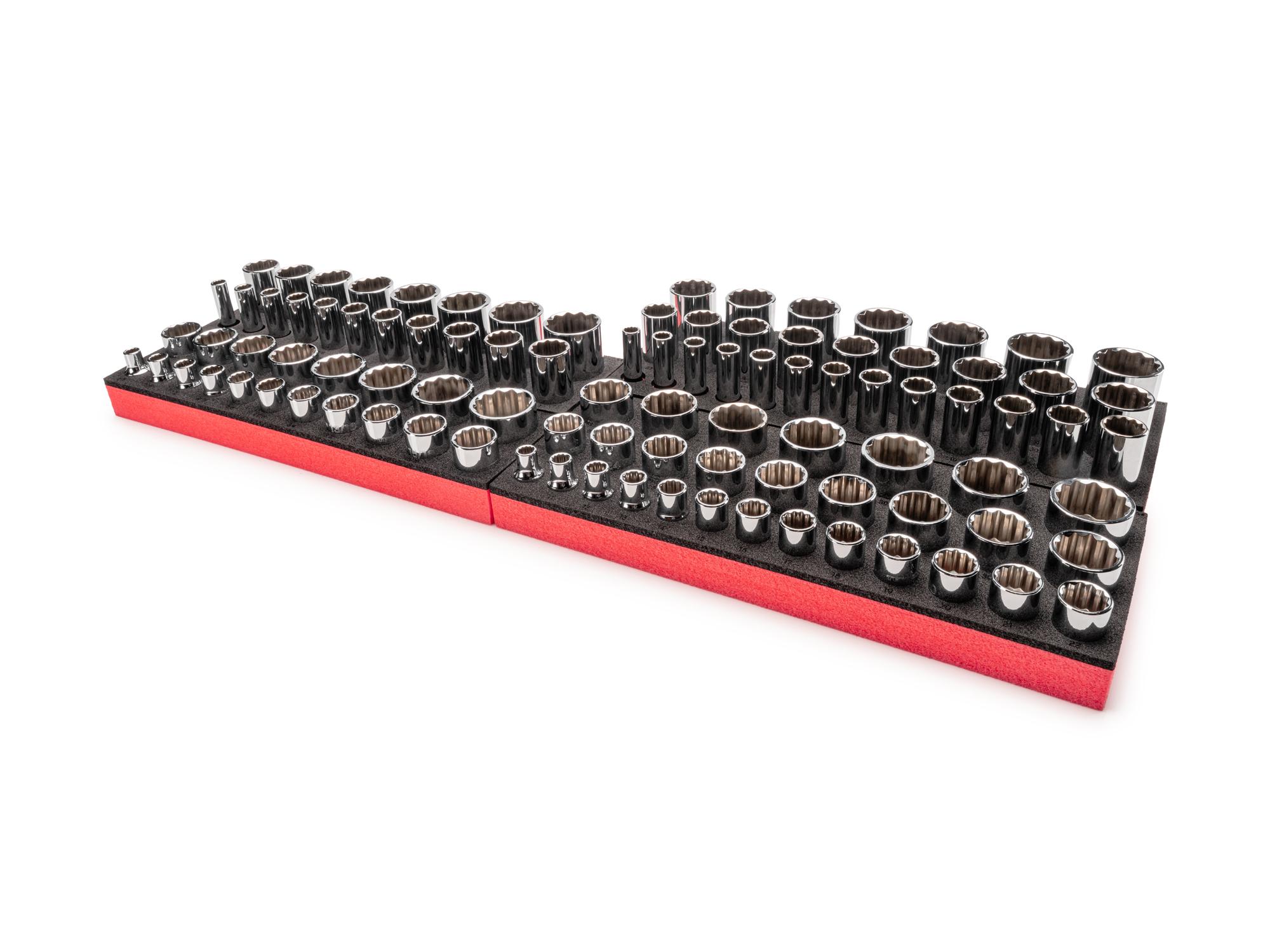 Front-right angle view of Tekton foam hand drive 12-point socket set. Item #SHD92813