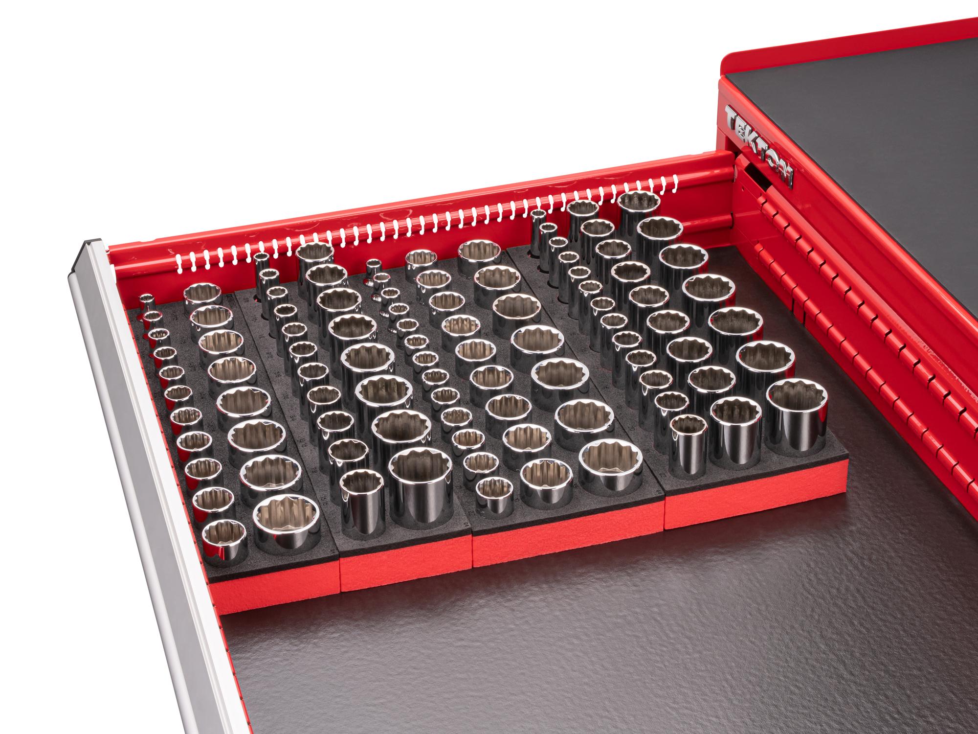 Front angled view of Tekton foam hand drive 12-point socket set in a tool cabinet drawer. Item #SHD92813