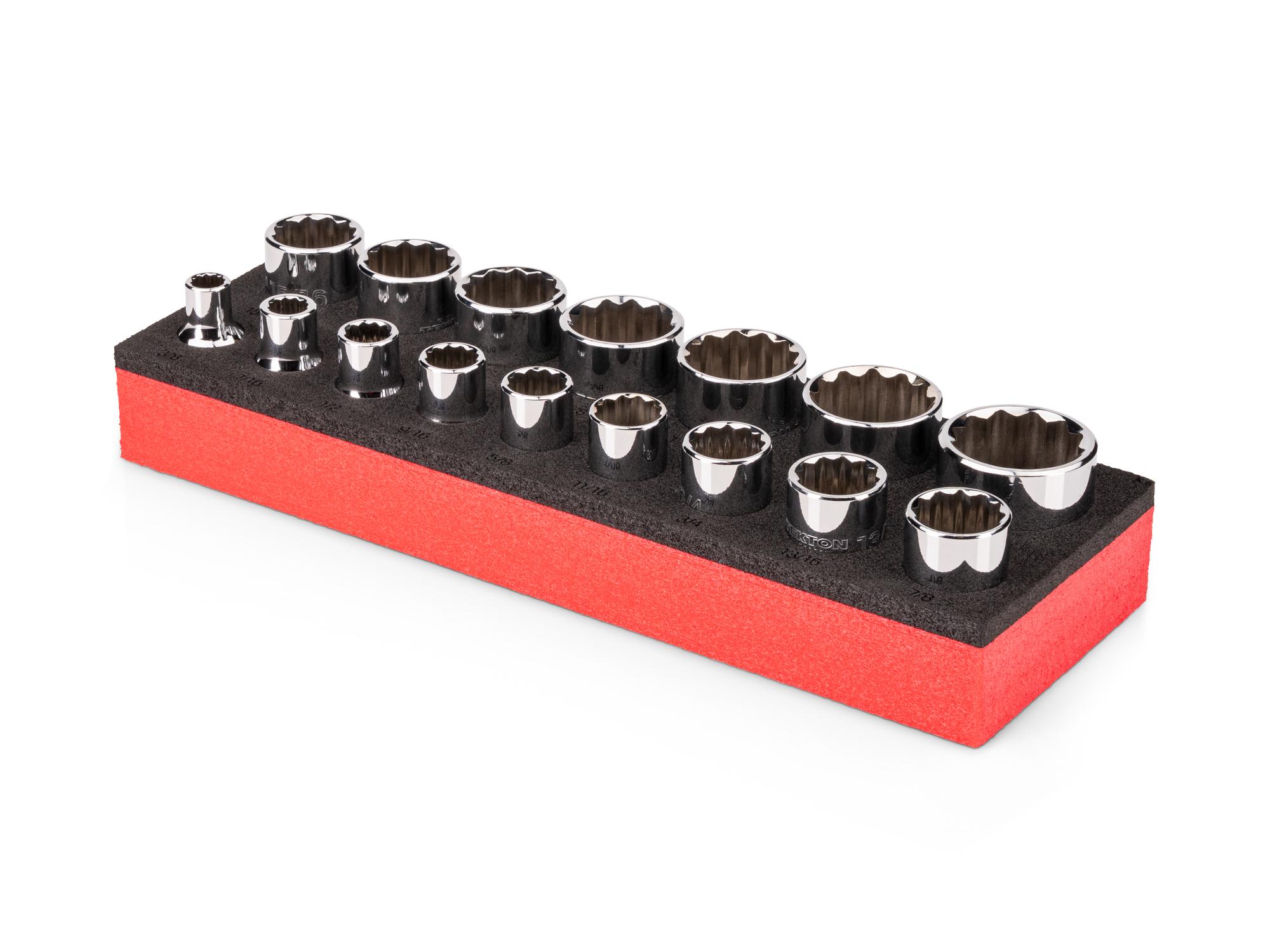 Angled view of red Tekton 1/2 inch drive shallow 12-point socket set with foam organizer. SHD92816