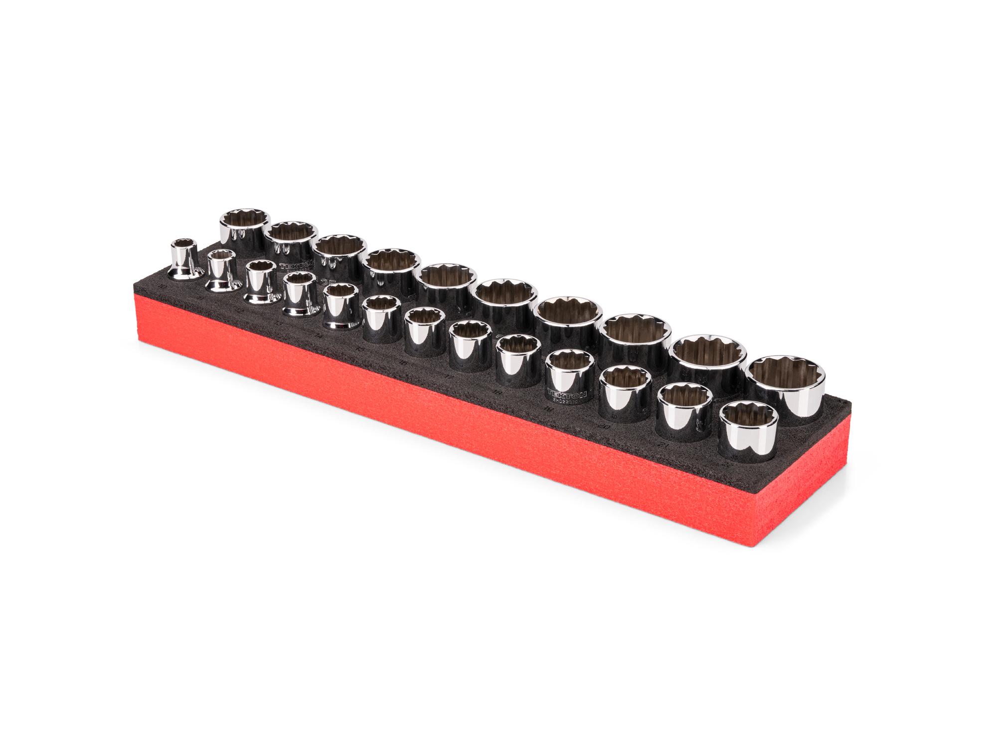 Angled view of red Tekton 1/2 inch drive shallow 12-point socket set with 16 x 4 inch foam organizer. SHD92817