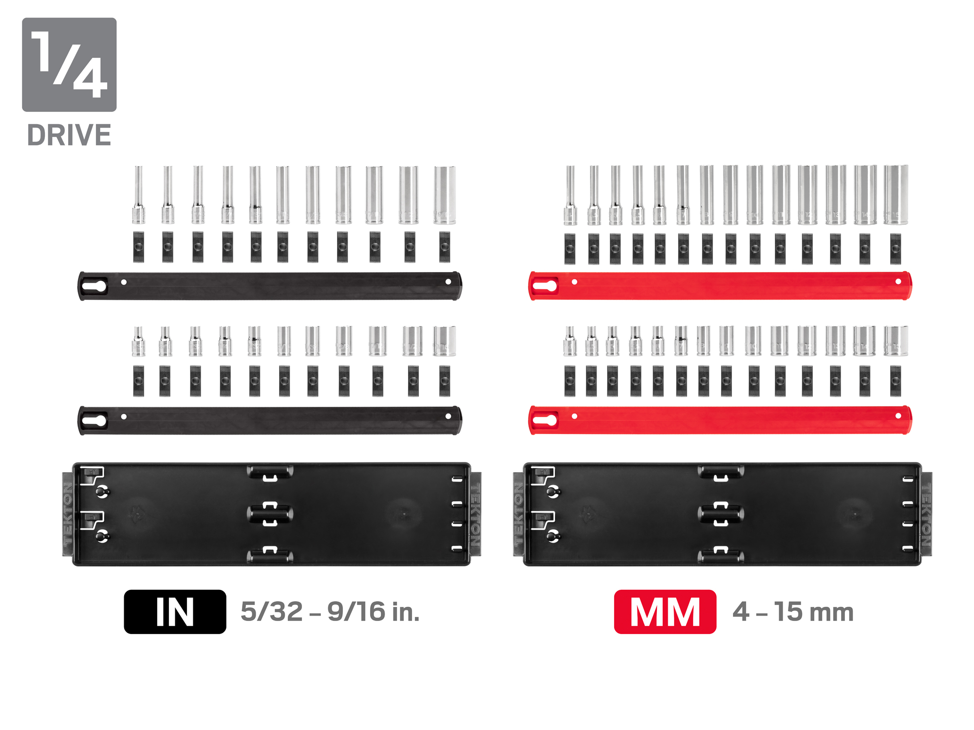 Set includes 5/32–1-1/2 inch (SAE) and 4–38 mm (metric) standard and deep length 12-point sockets on rails. No skipped sizes. SHD99203.