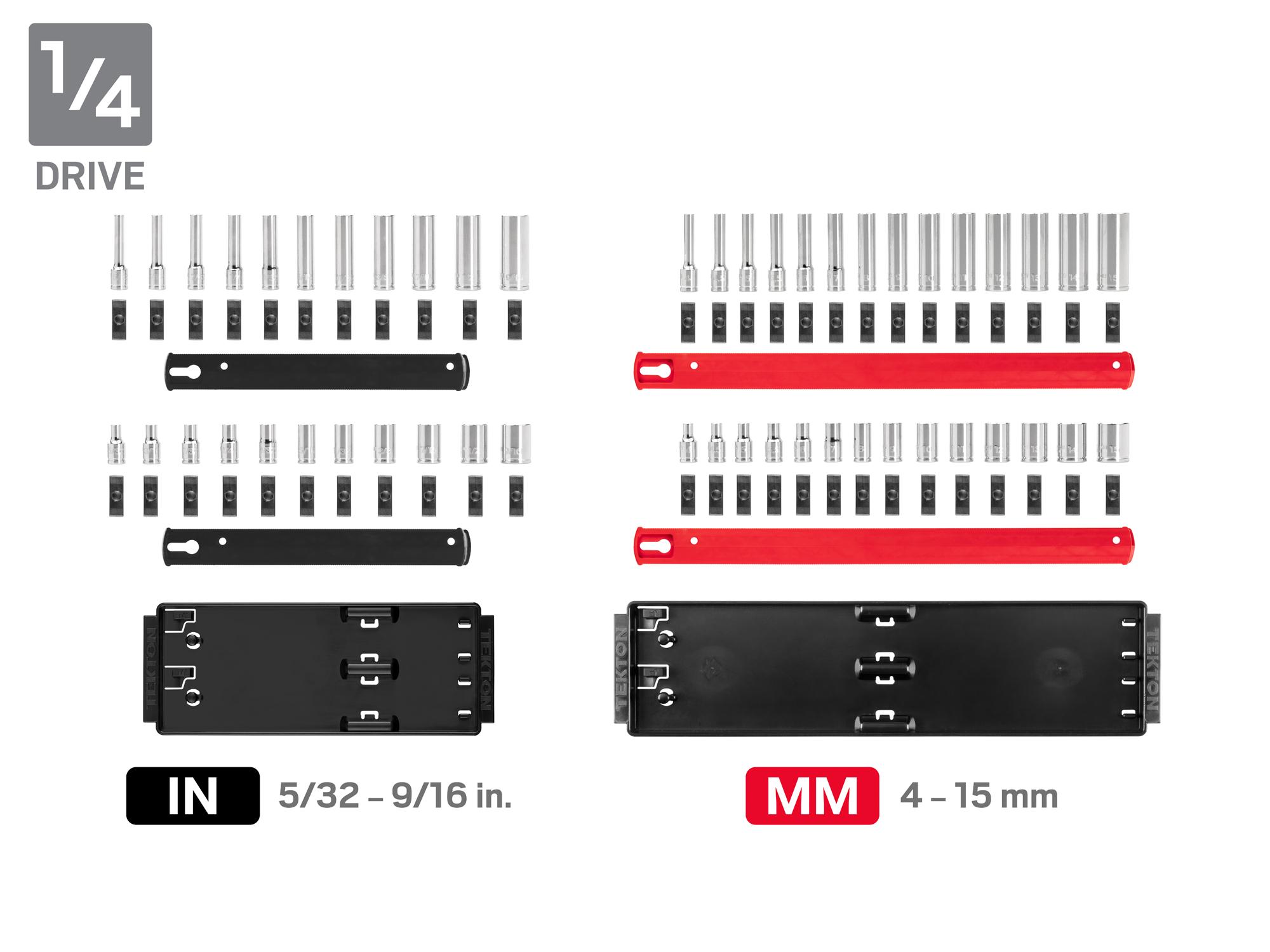 Laid out contents of Tekton rail hand drive 12-point socket set. Item #SHD99203