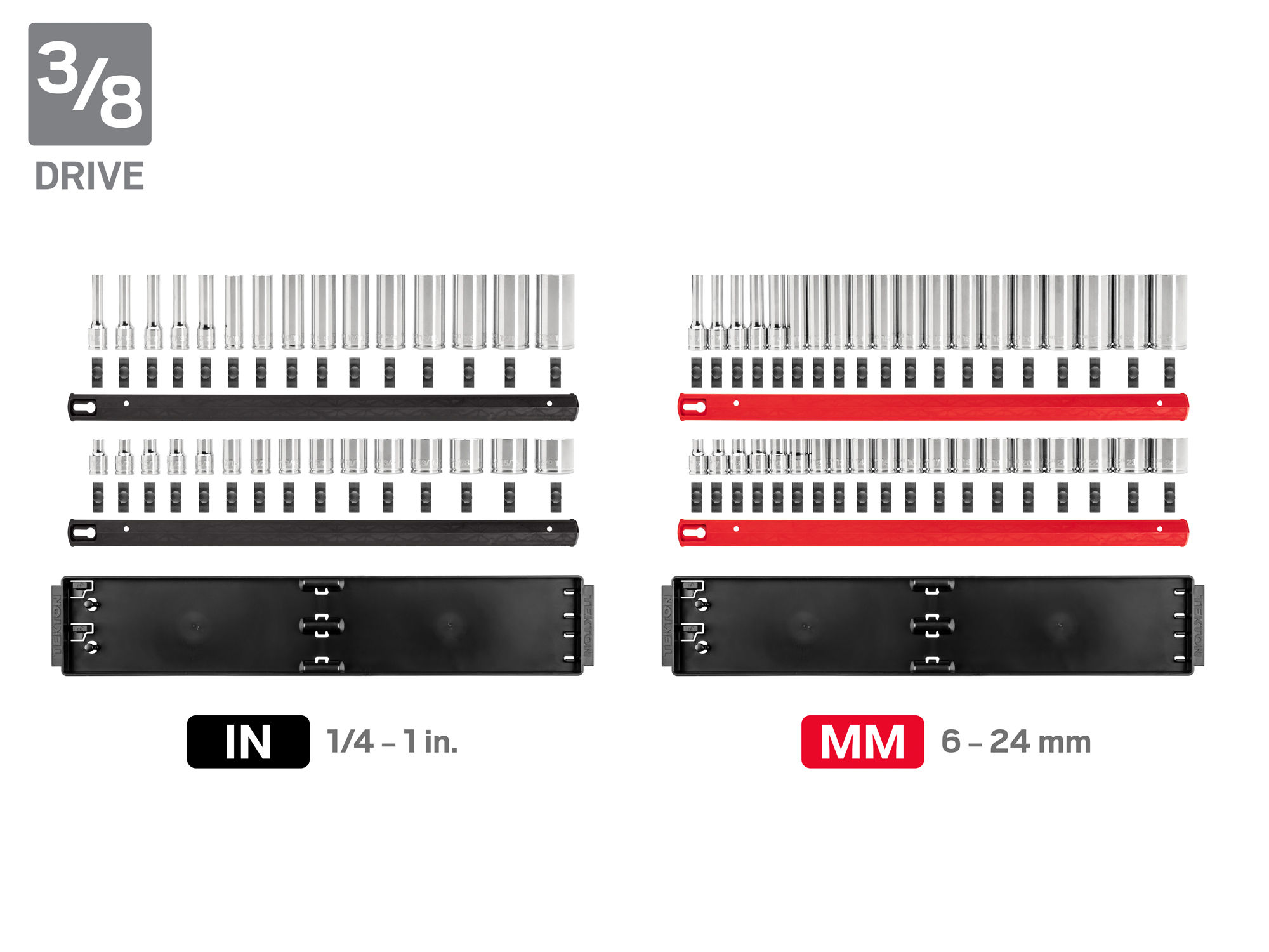 Set includes 5/32–1-1/2 inch (SAE) and 4–38 mm (metric) standard and deep length 12-point sockets on rails. No skipped sizes. SHD99203.