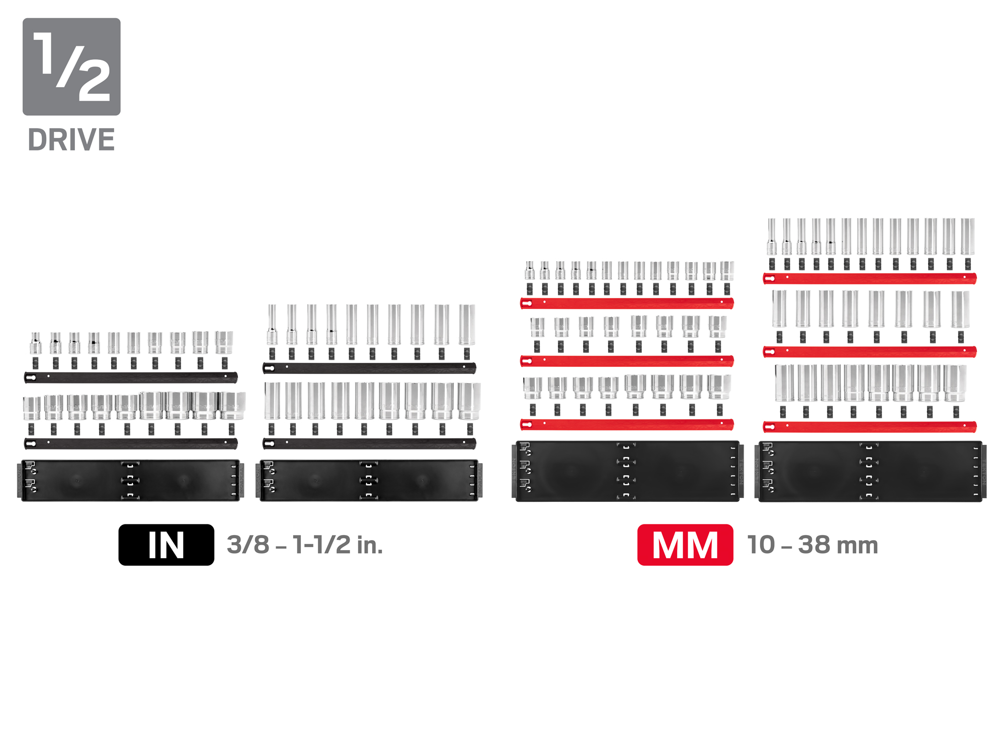 Set includes 5/32–1-1/2 inch (SAE) and 4–38 mm (metric) standard and deep length 12-point sockets on rails. No skipped sizes. SHD99203.