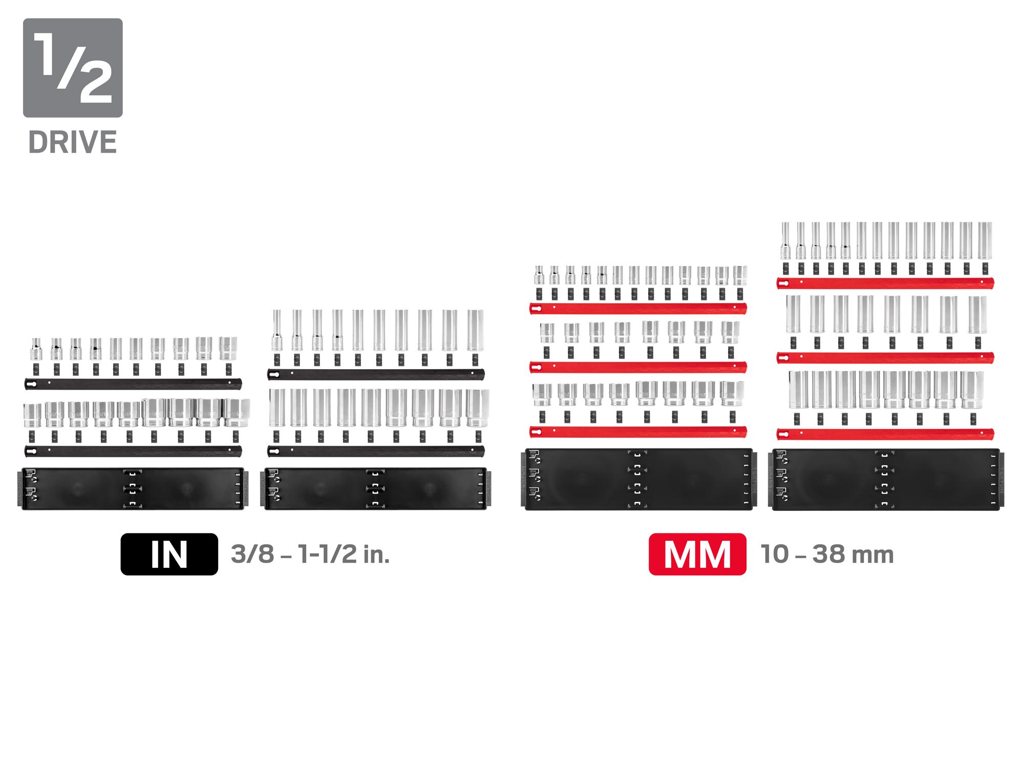Laid out contents of Tekton rail hand drive 12-point socket set. Item #SHD99203