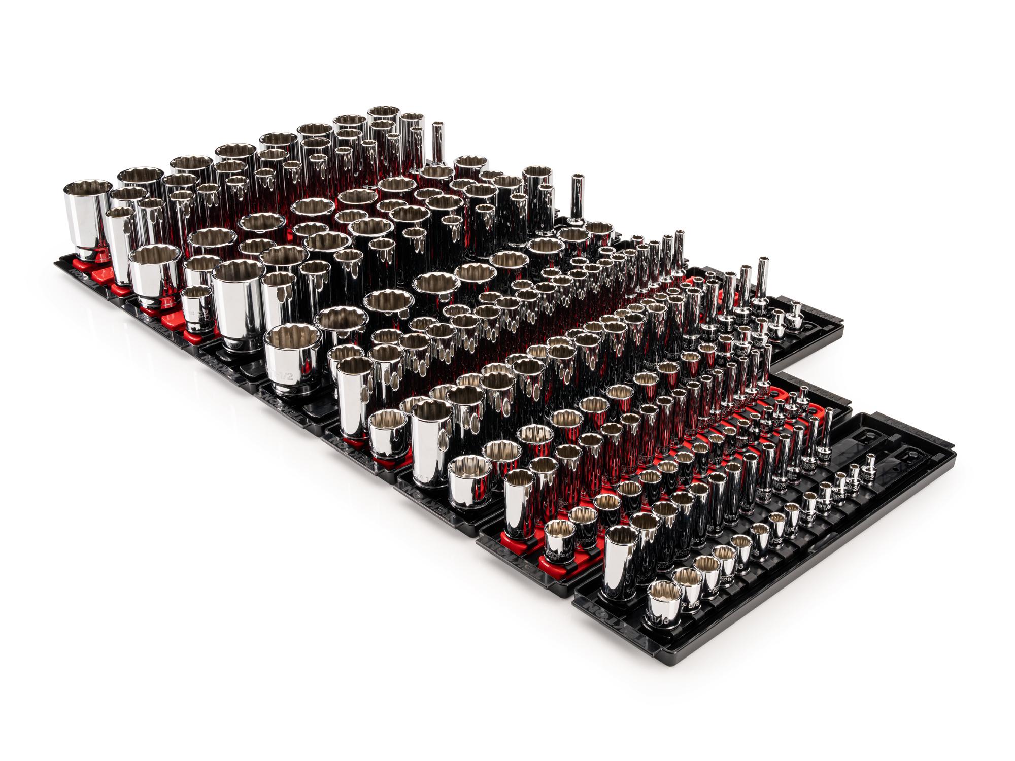 TEKTON 1/4, 3/8, 1/2 Inch Drive Shallow and Deep 12-Point Socket Set with Rails and Trays, 222-Piece (5/32 - 1-1/2 in., 4 - 38 mm)