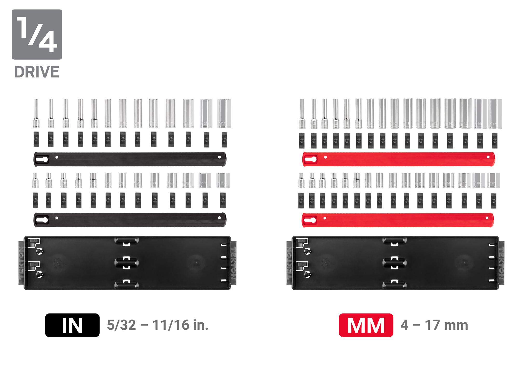 Laid out contents of Tekton rail hand drive 6-point socket set. Item #SHD99208
