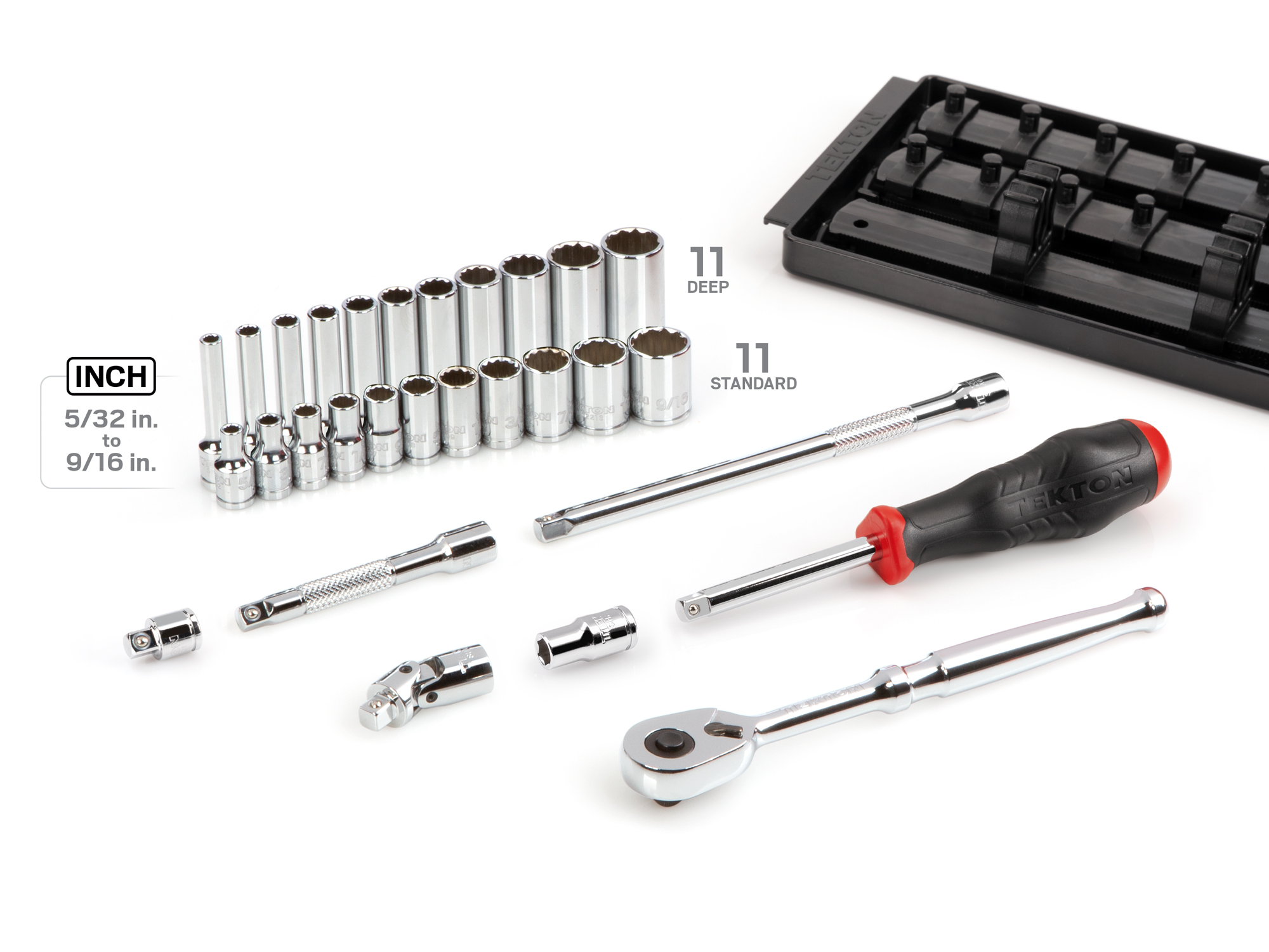 Set includes 5/32–9/16 inch (SAE) 12-point standard and deep sockets, 90-tooth ratchet, spinner handle, universal joint, magnetic hex bit holder, extensions, and organization rails and tray. No skipped sizes. SKT03102.