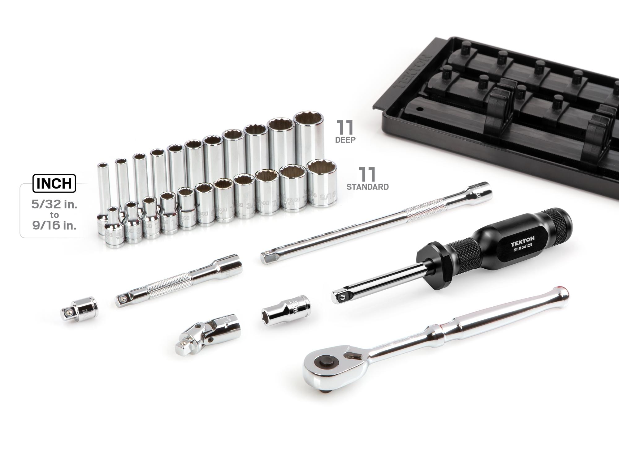 Laid out contents of Tekton rail hand drive 12-point socket set. Item #SKT03102