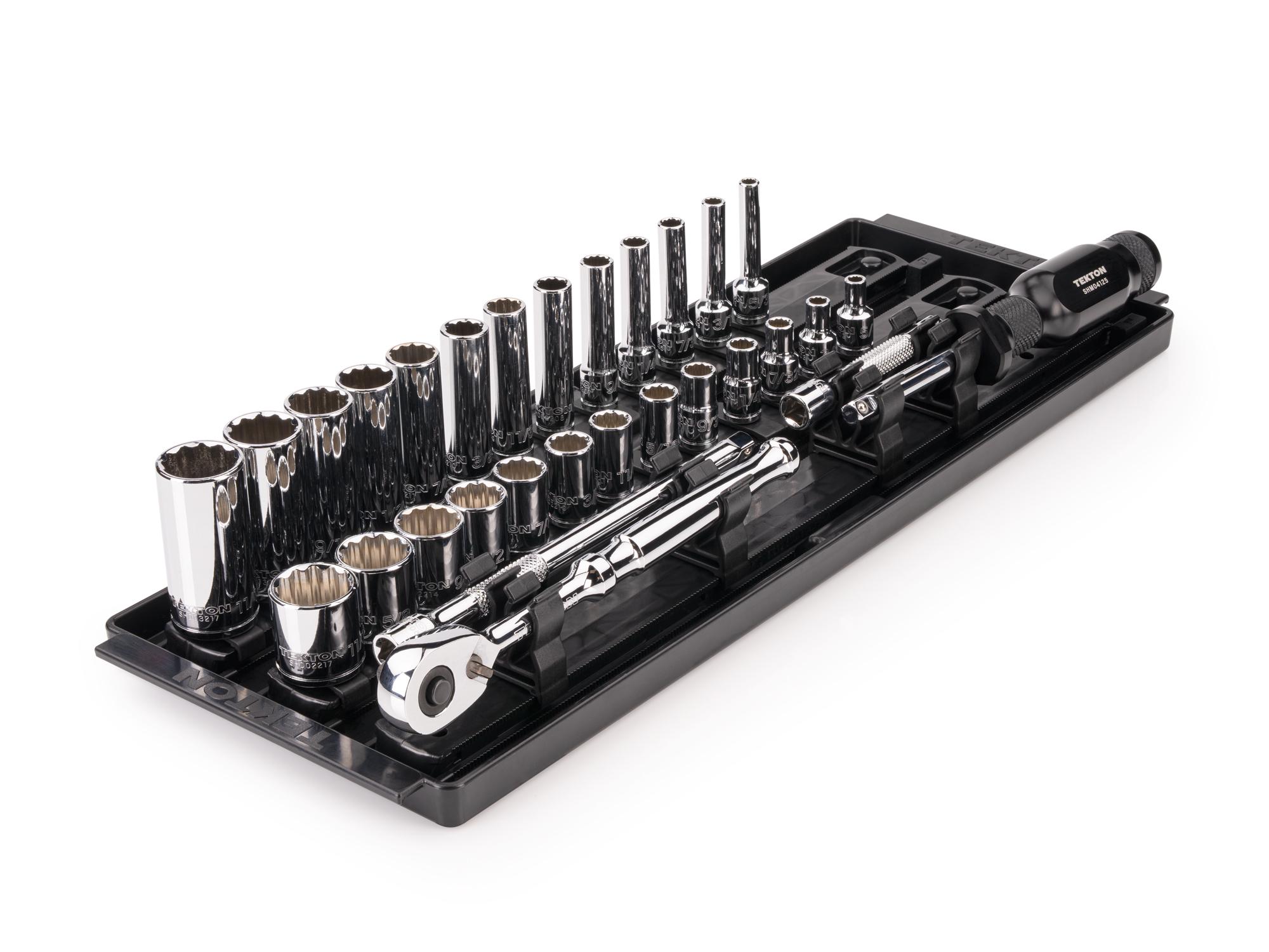 TEKTON 1/4 Inch Drive Shallow and Deep 12-Point Socket and Ratchet Set with Rails and Tray, 33-Piece (5/32 - 11/16 in.)