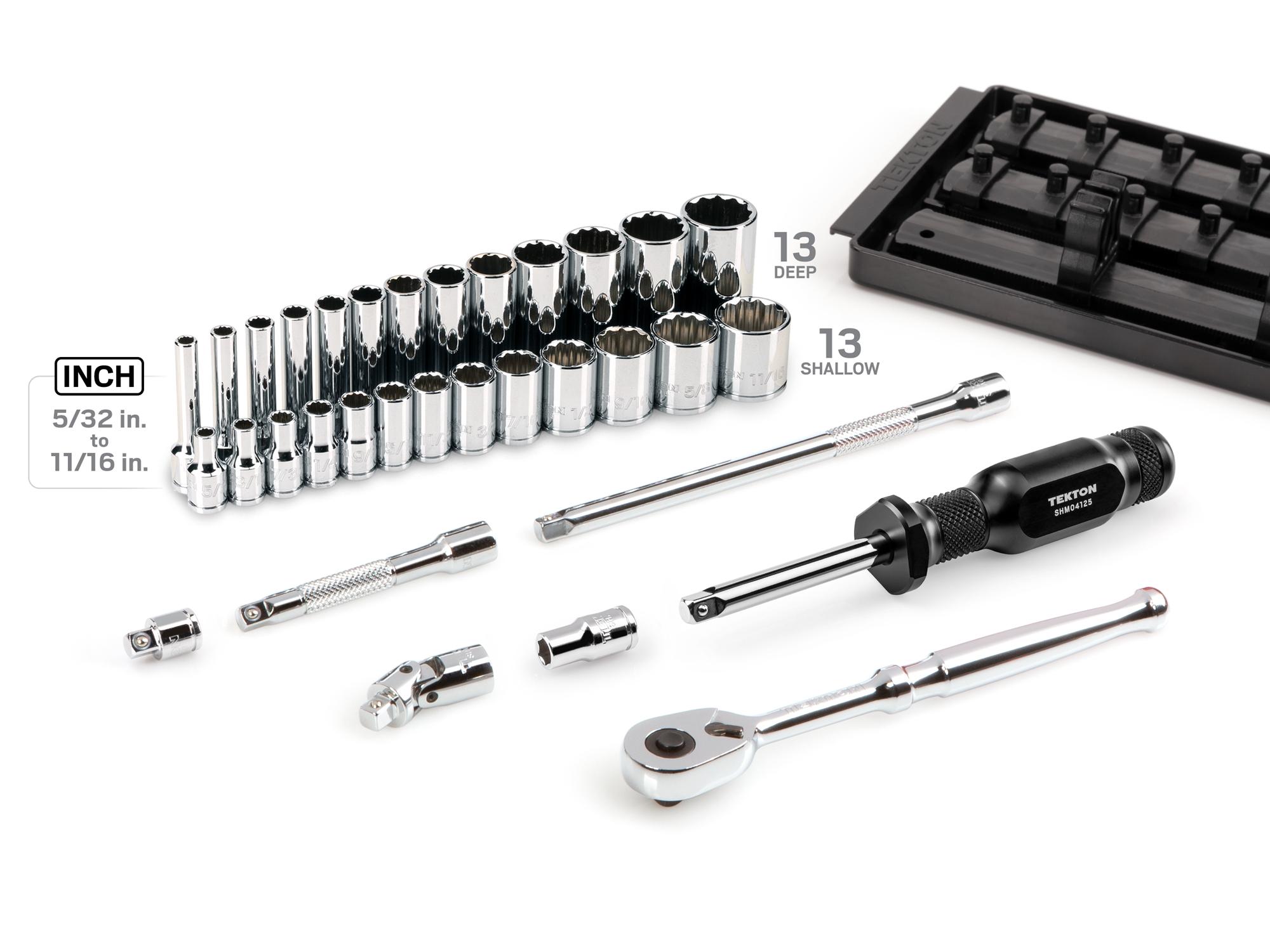 Laid out contents of Tekton rail hand drive 12-point socket set. Item #SKT03104